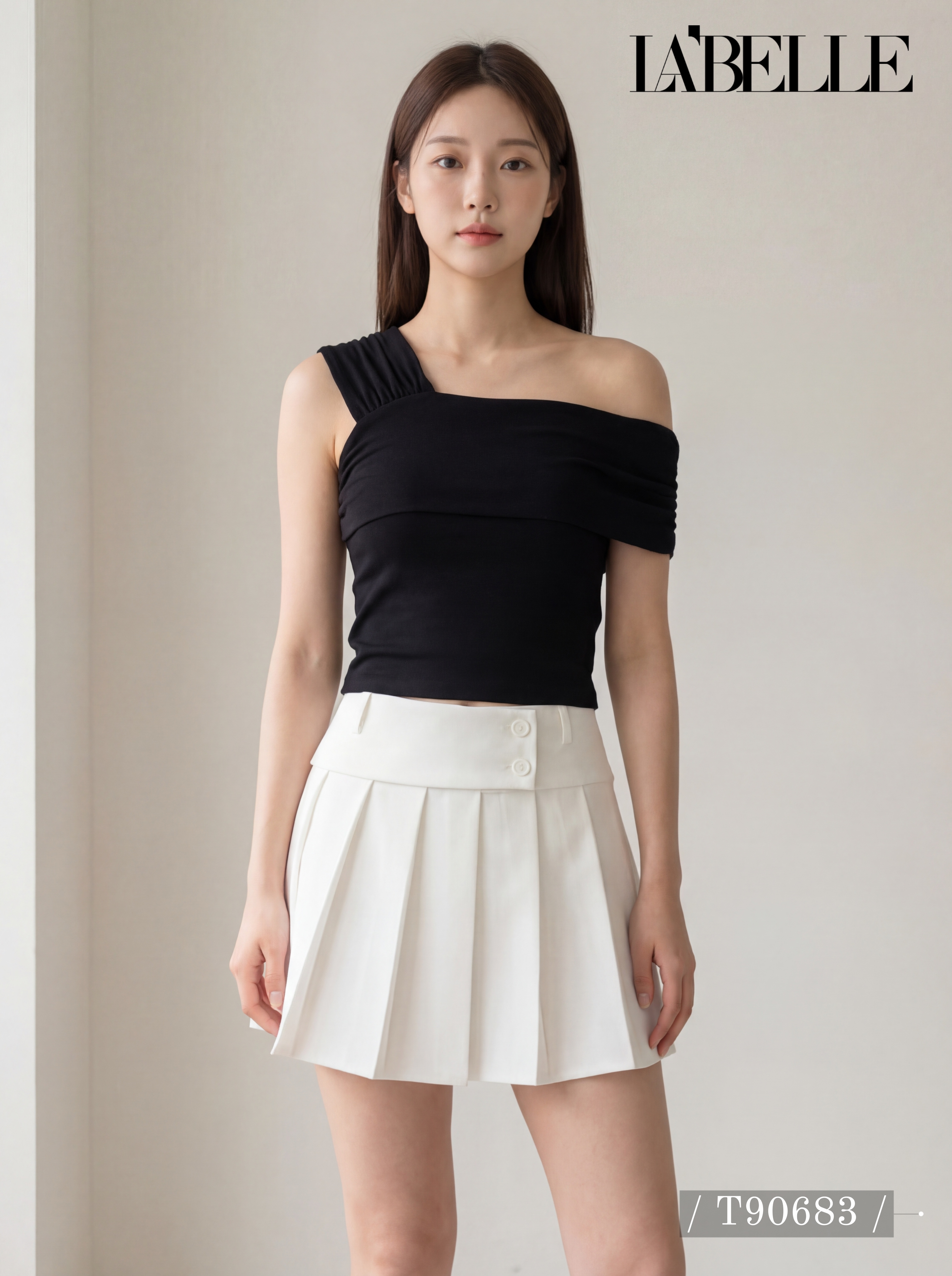 百搭纯色斜肩露锁骨设计上衣 (T90683)