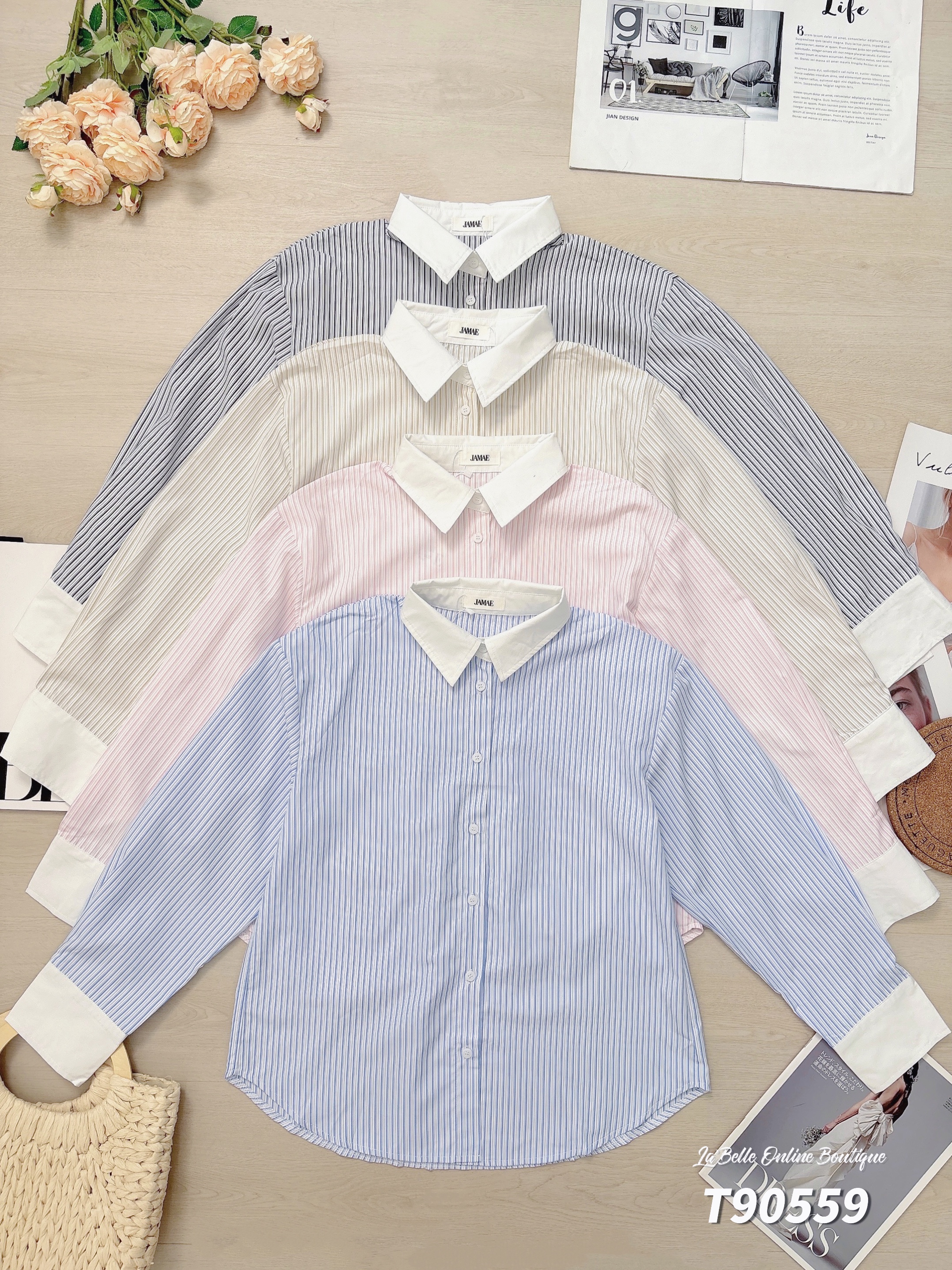 OL风撞色条纹设计长袖上衣(T90559)