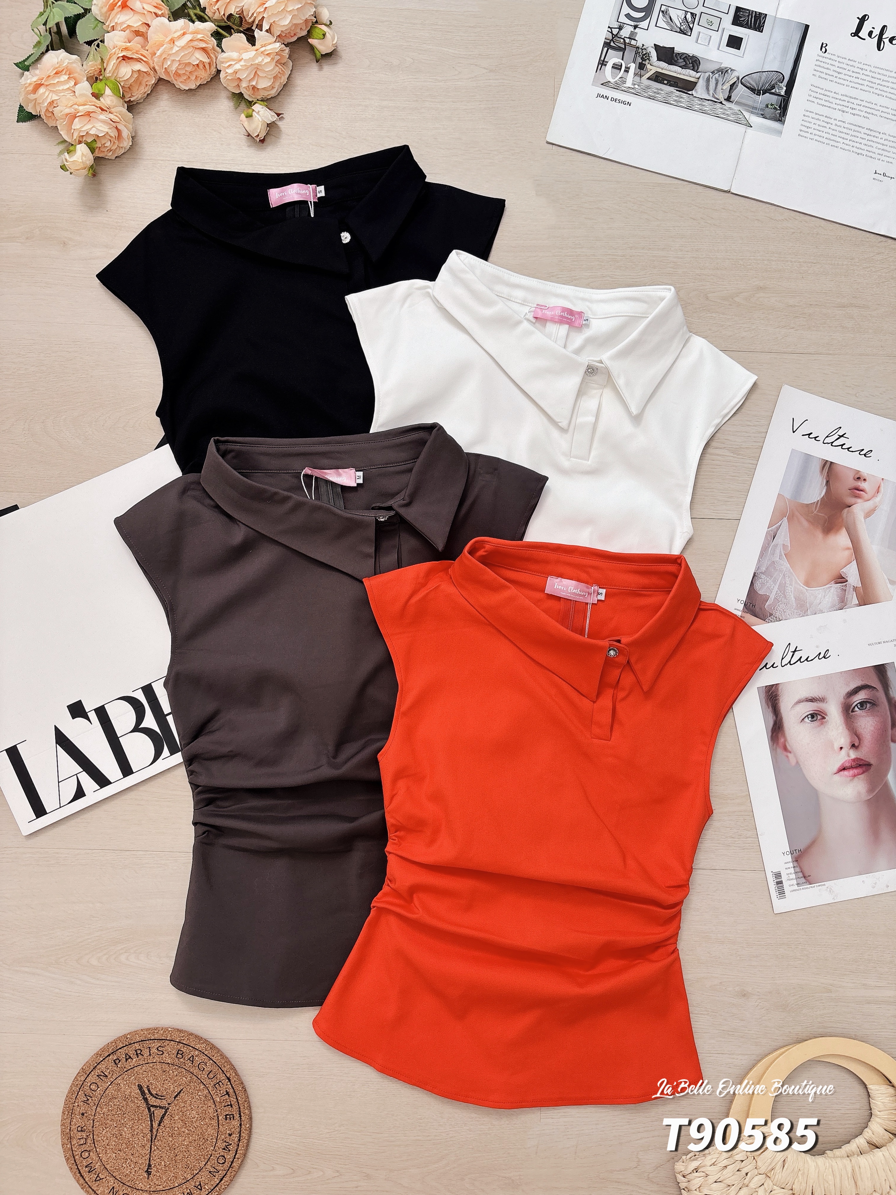 韩系褶皱设计翻领无袖上衣 (T90585)