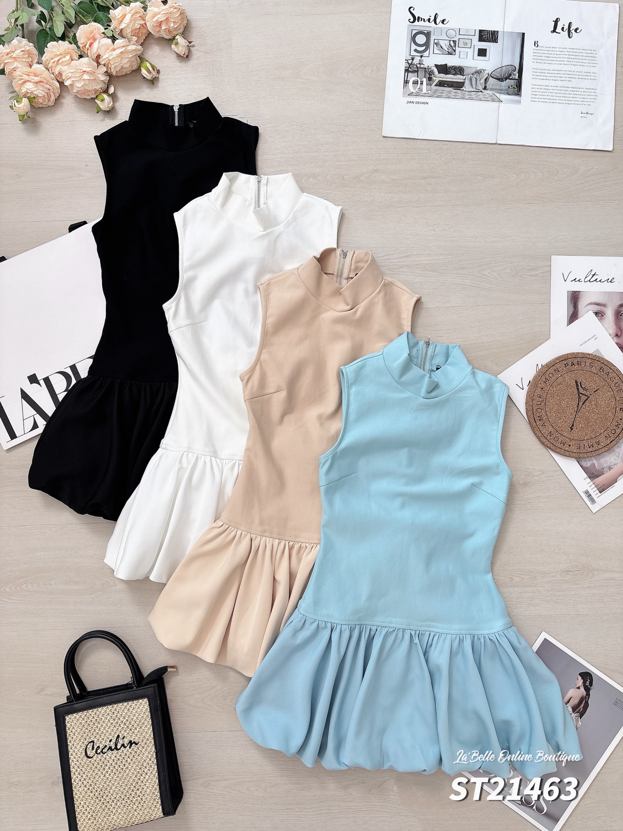 时尚Cut-In背面镂空设计花苞连身裙 (ST21463)