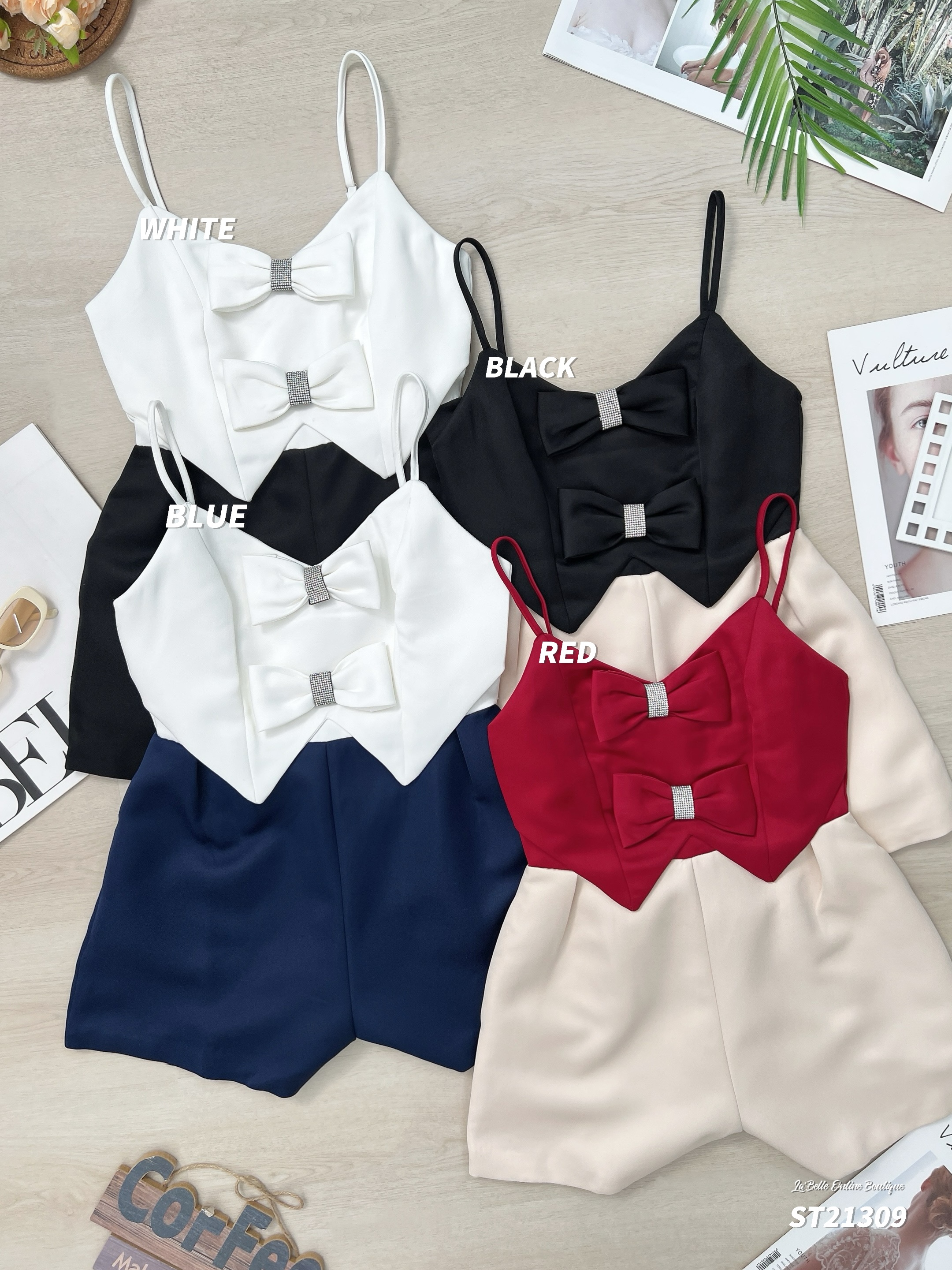 名媛风镶钻蝴蝶结设计吊带连身裤 (ST21309)