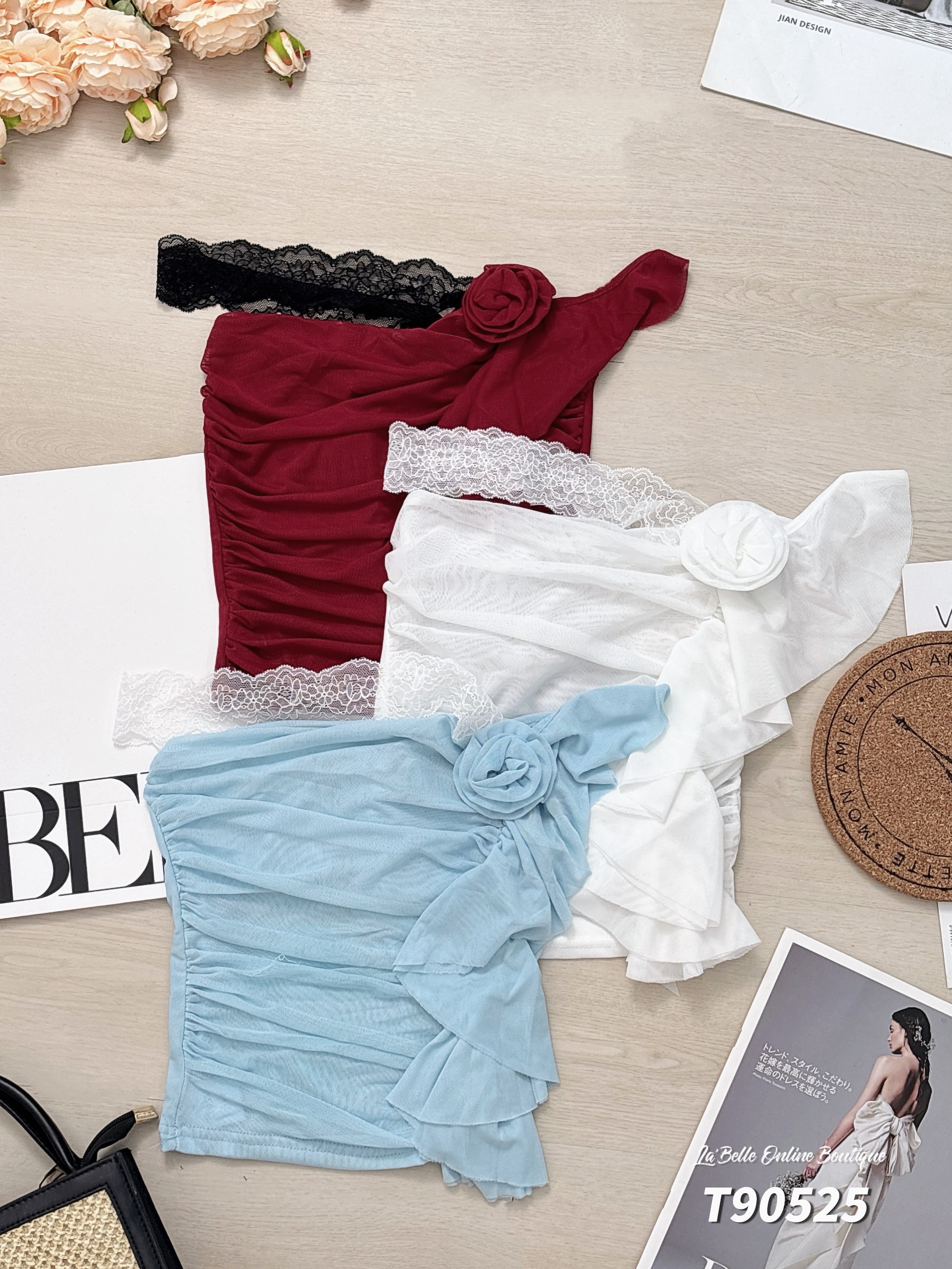 性感不规则蕾丝荷叶边设计抹胸上衣 (T90525)