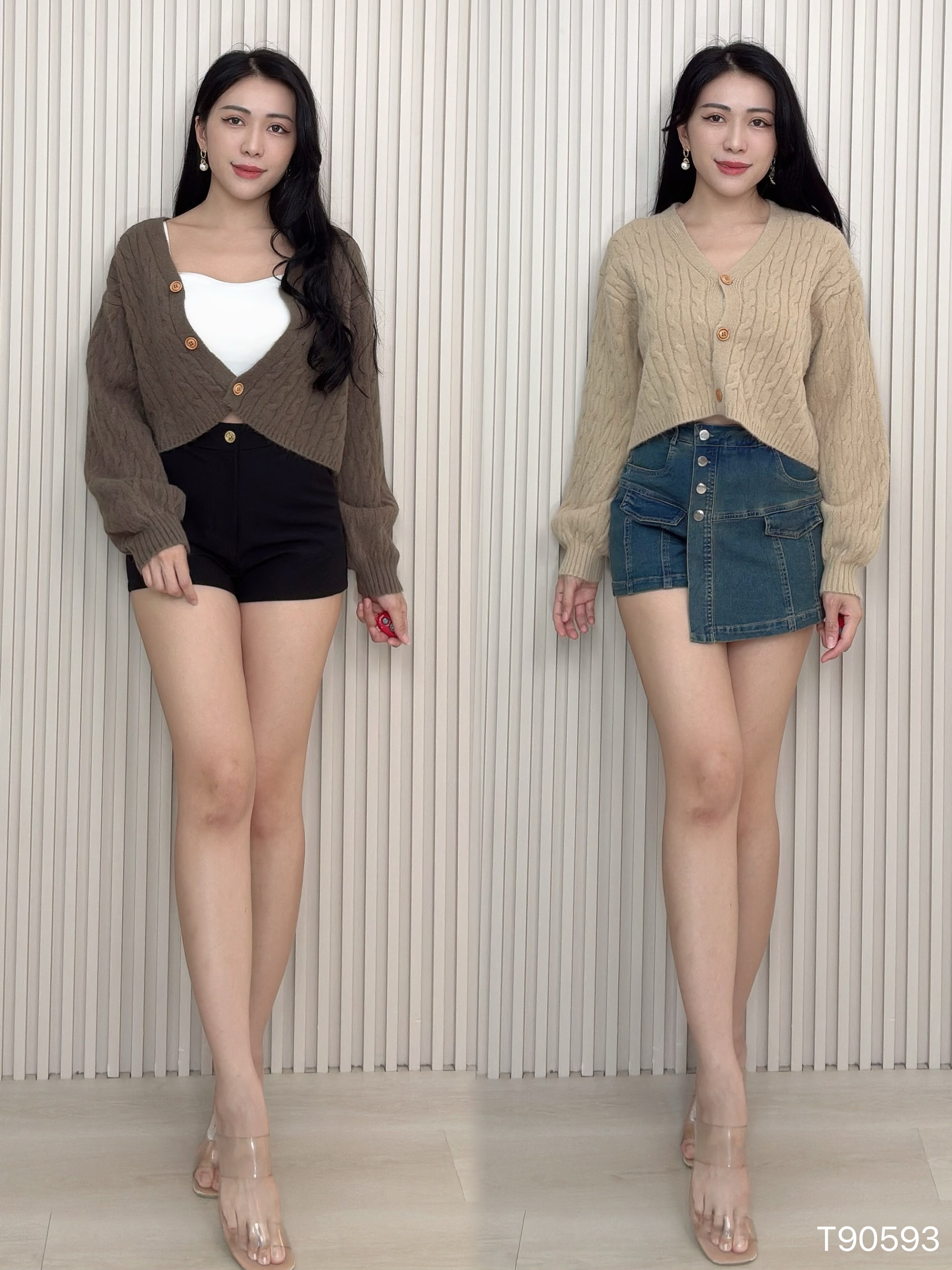 韩系纯色V领宽松长袖上衣 (T90593)