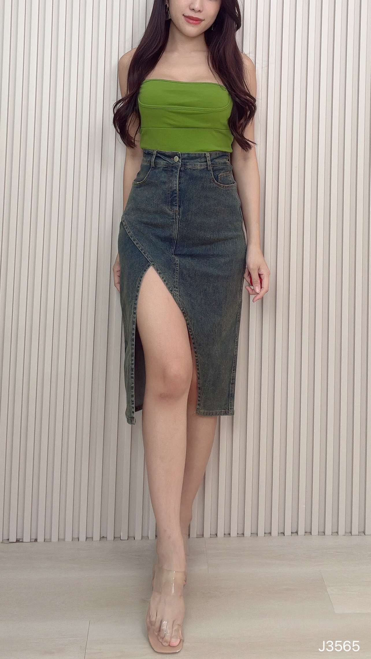 【LBP独家】时尚设计感牛仔高腰过膝裤裙 (J3565)