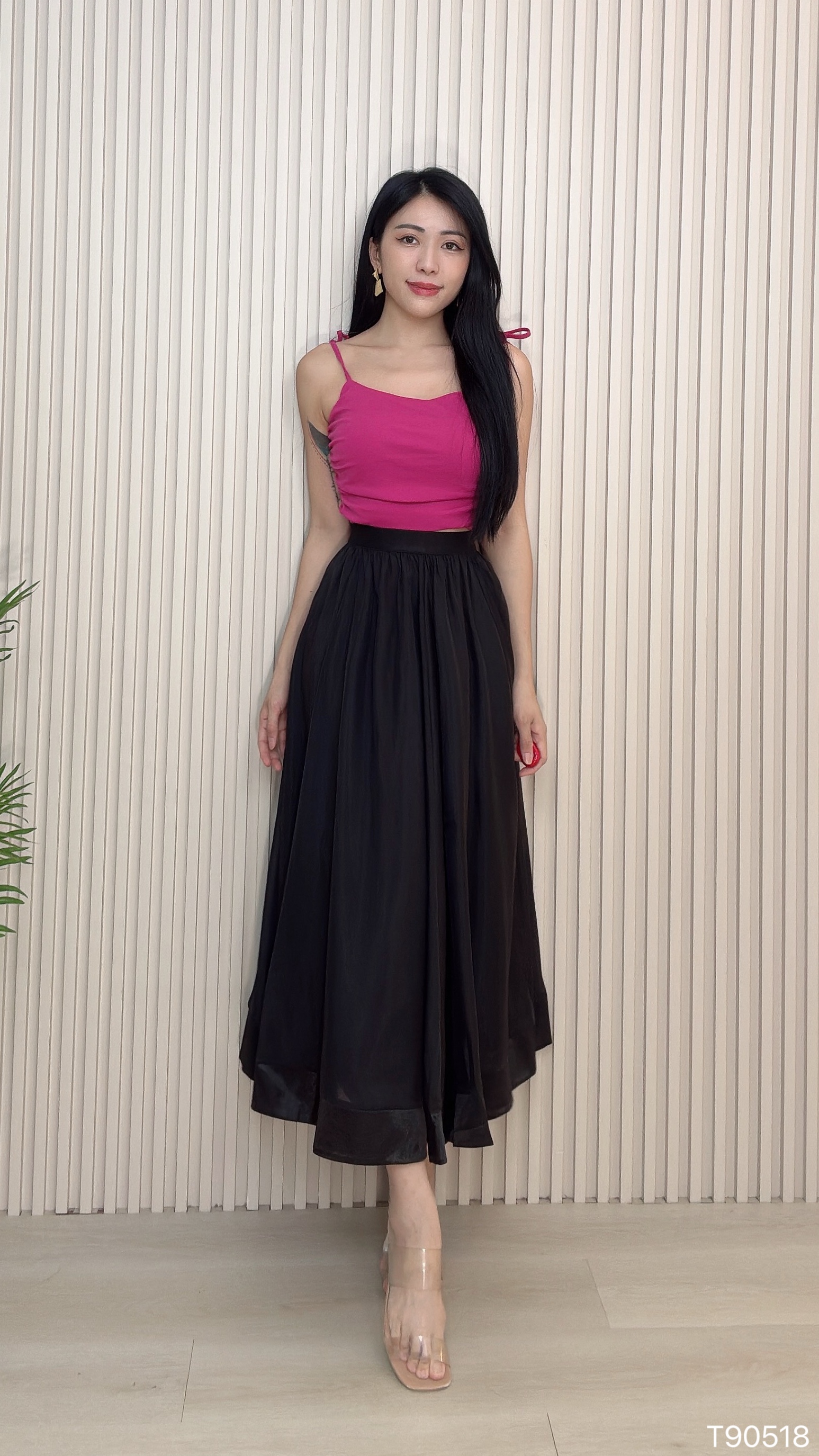 甜美褶皱设计蝴蝶结吊带上衣 (T90518)