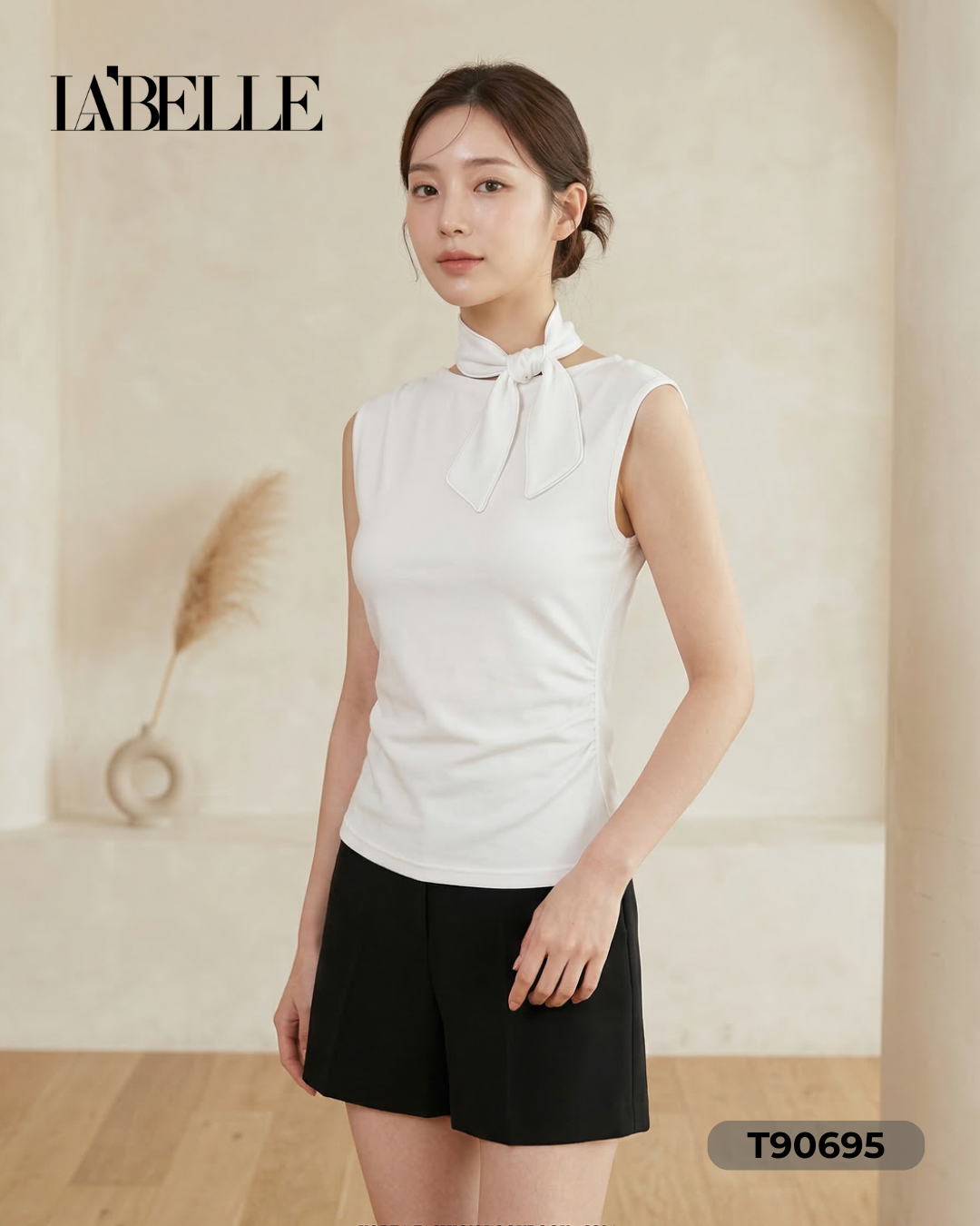 法式圆领压皱设计无袖上衣 (T90695)