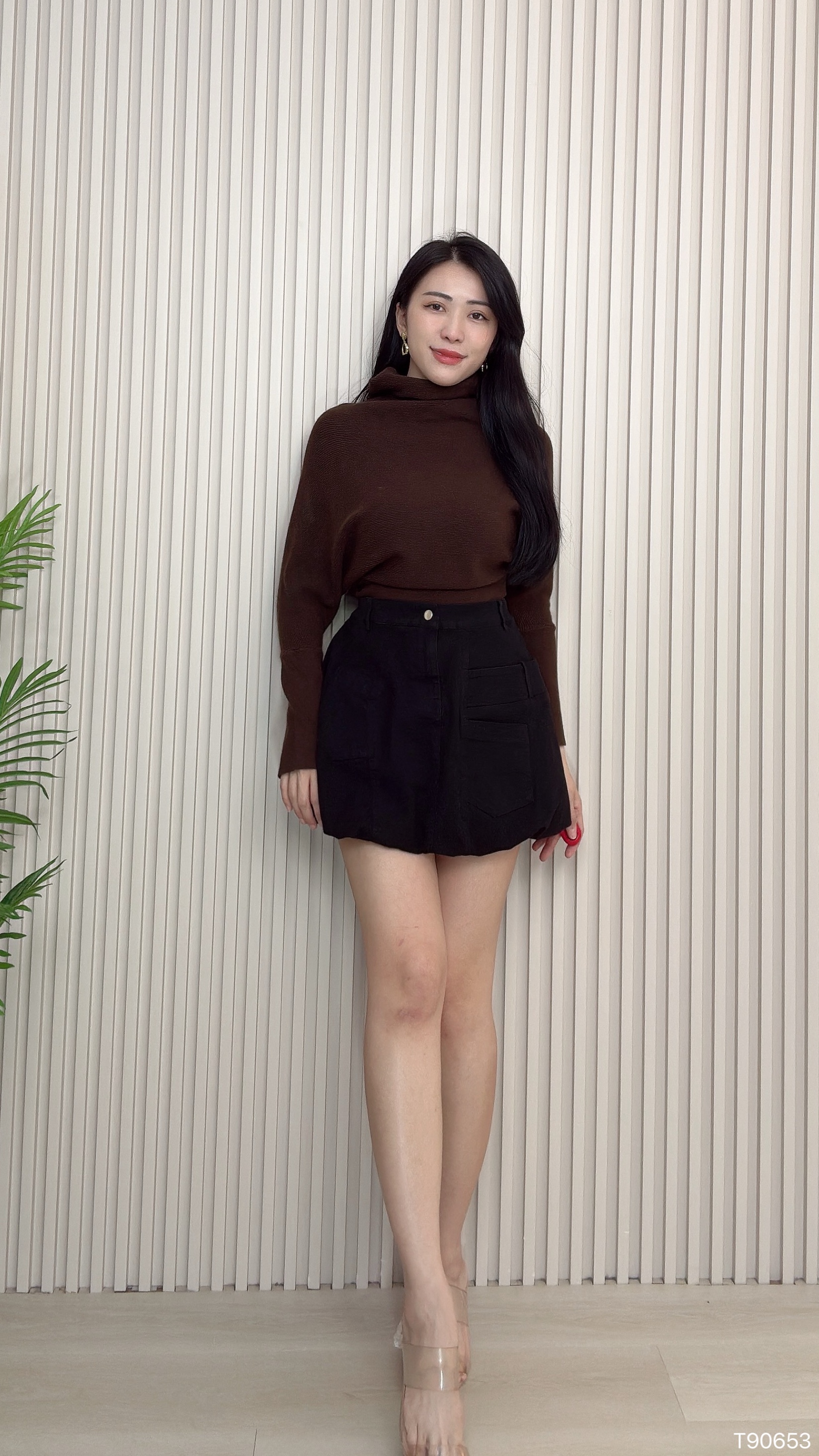 赫本风高领蝙蝠袖设计上衣 (T90653)