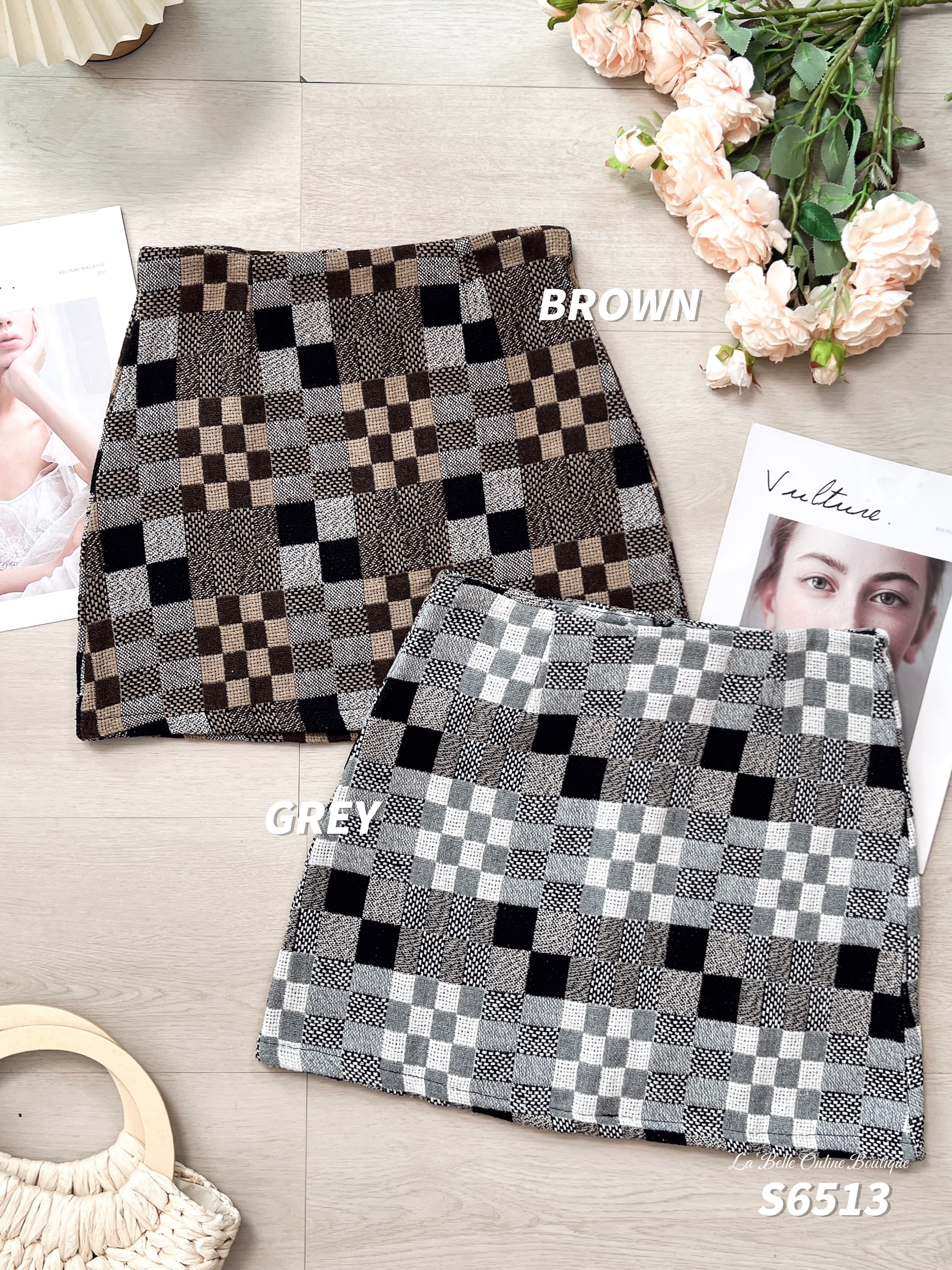 韩系棋盘格包臀设计高腰短裙 (S6513)