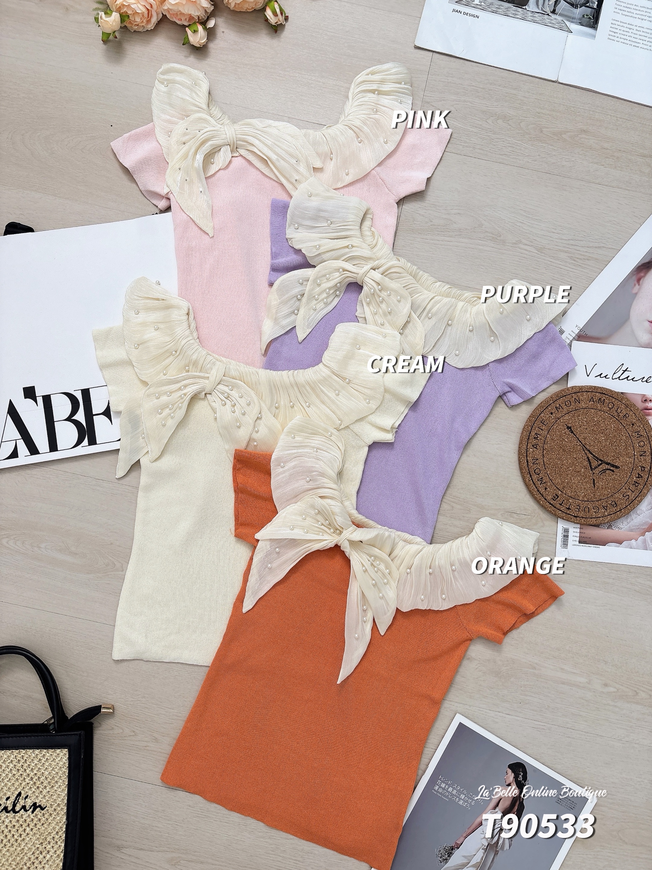 甜美两穿设计珍珠蝴蝶结上衣 (T90533)