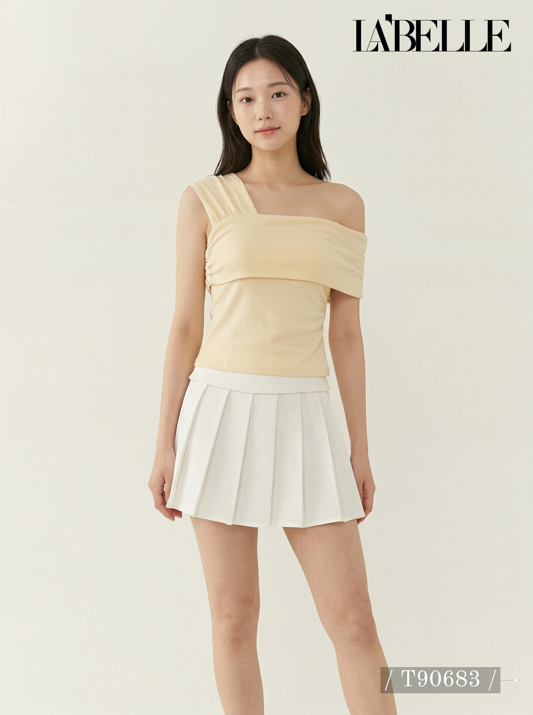 百搭纯色斜肩露锁骨设计上衣 (T90683)