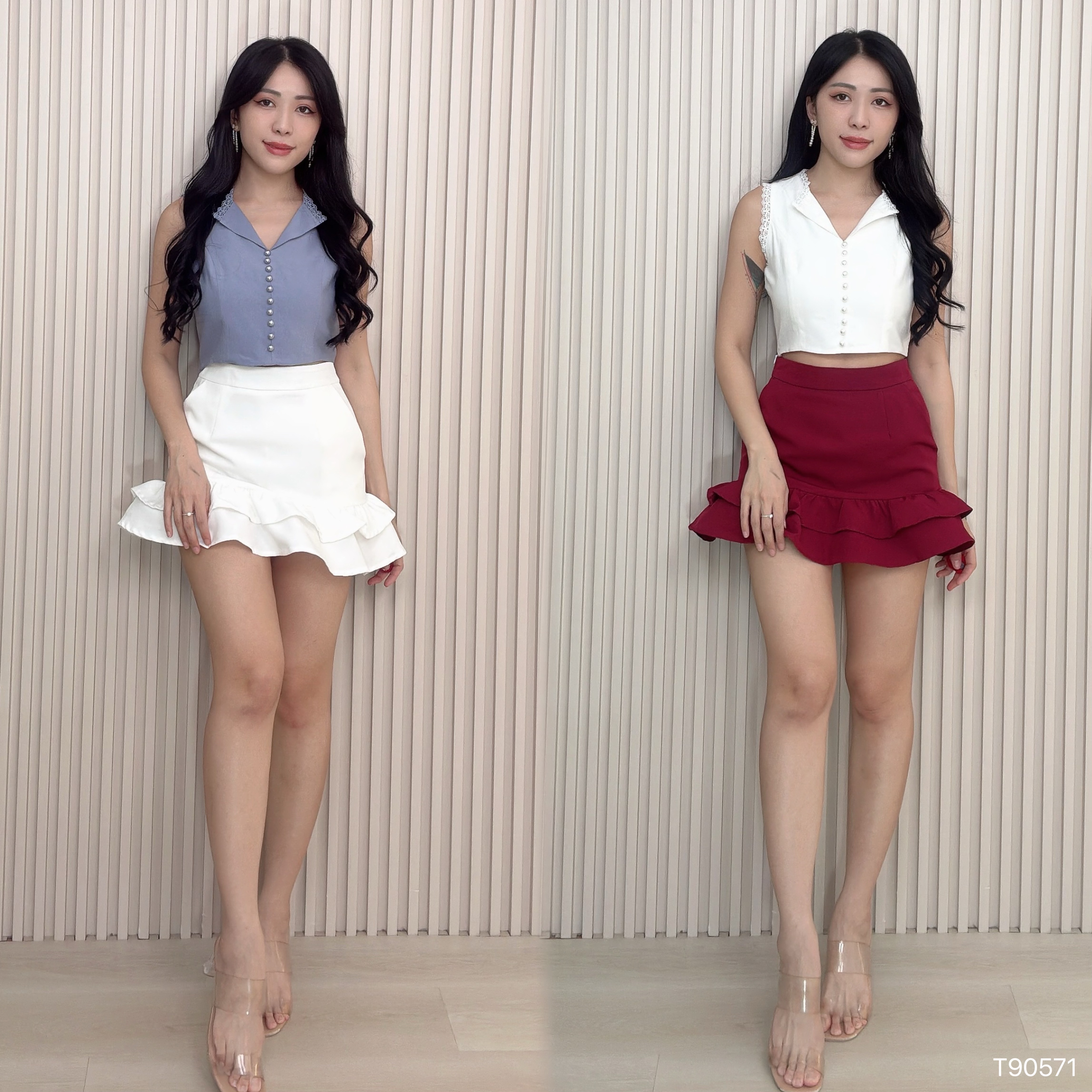 时尚蕾丝拼接设计V领无袖上衣 (T90571)