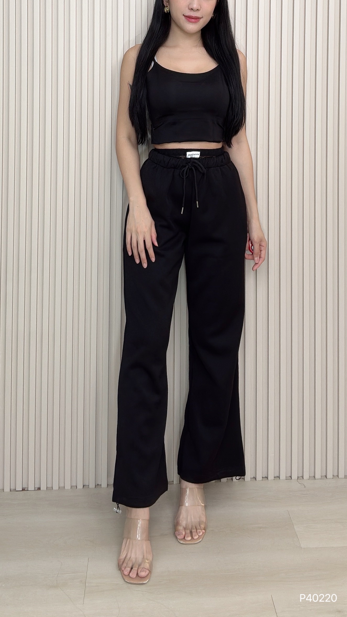 时尚蕾丝拼接抽绳设计高腰长裤 (P40220)