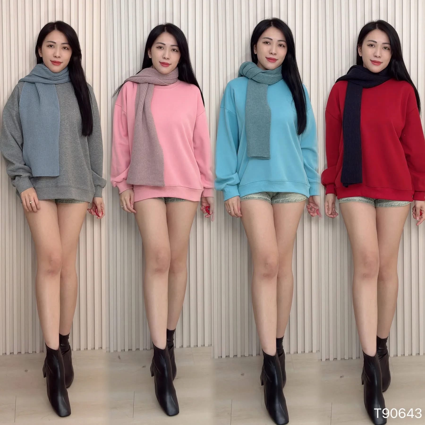 百搭纯色圆领宽松长袖上衣 (T90643)