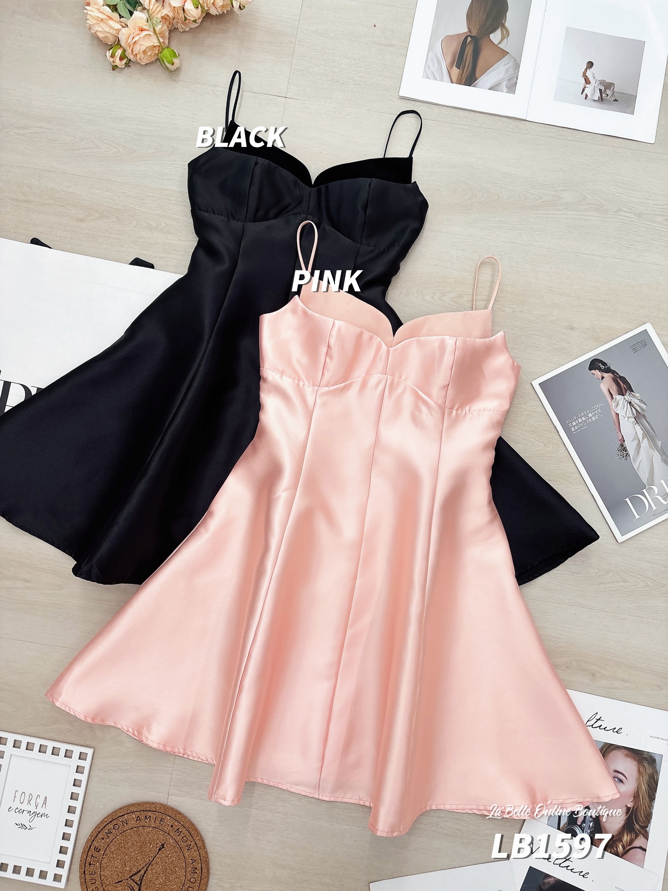 高级感爱心领伞状吊带连身裙 (LB1597)