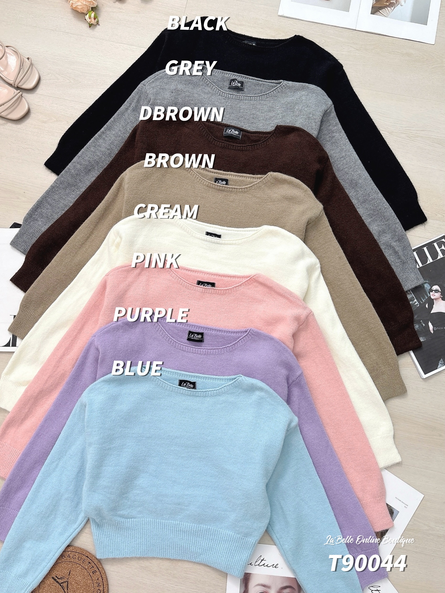 慵懒风宽领束腰长袖上衣 (T90044)