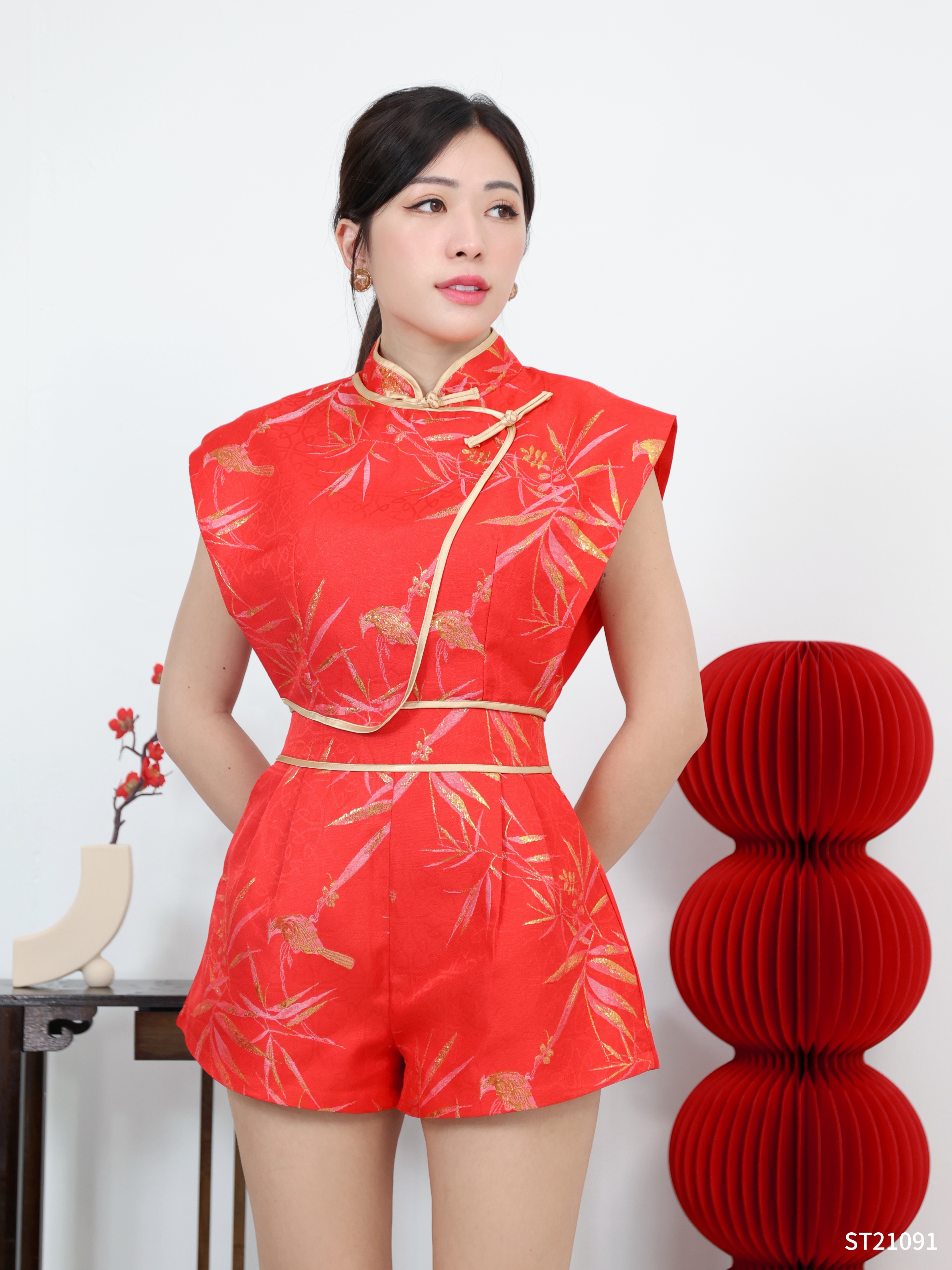 【LBP GXFC 独家新年系列 - 金枝玉叶】改良版唐装竹叶立体提花旗袍两件套 (ST21091)-La'Belle Fashion Boutique Sdn Bhd