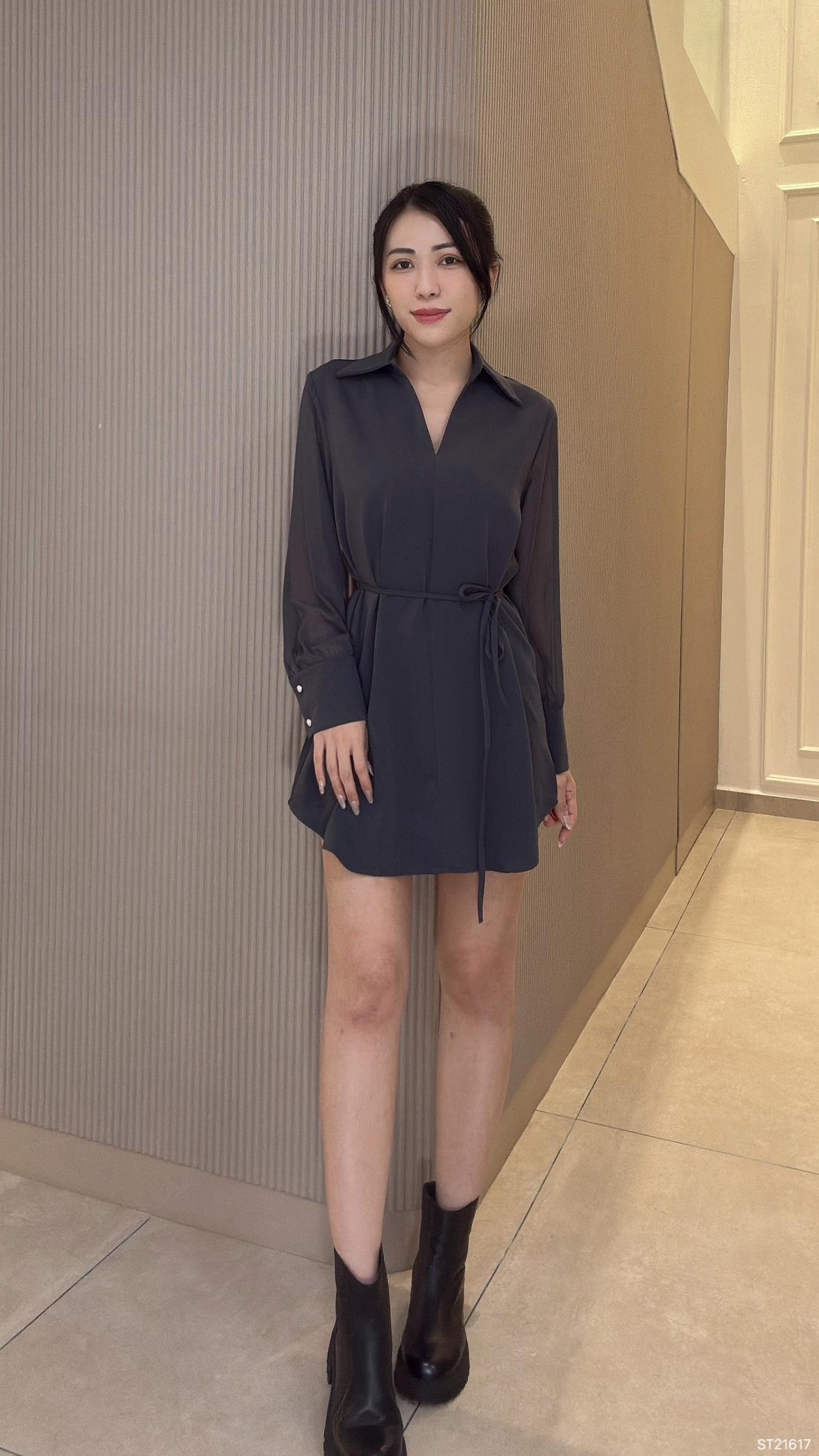 韩系V领宽松设计长袖连身裙  (ST21617)