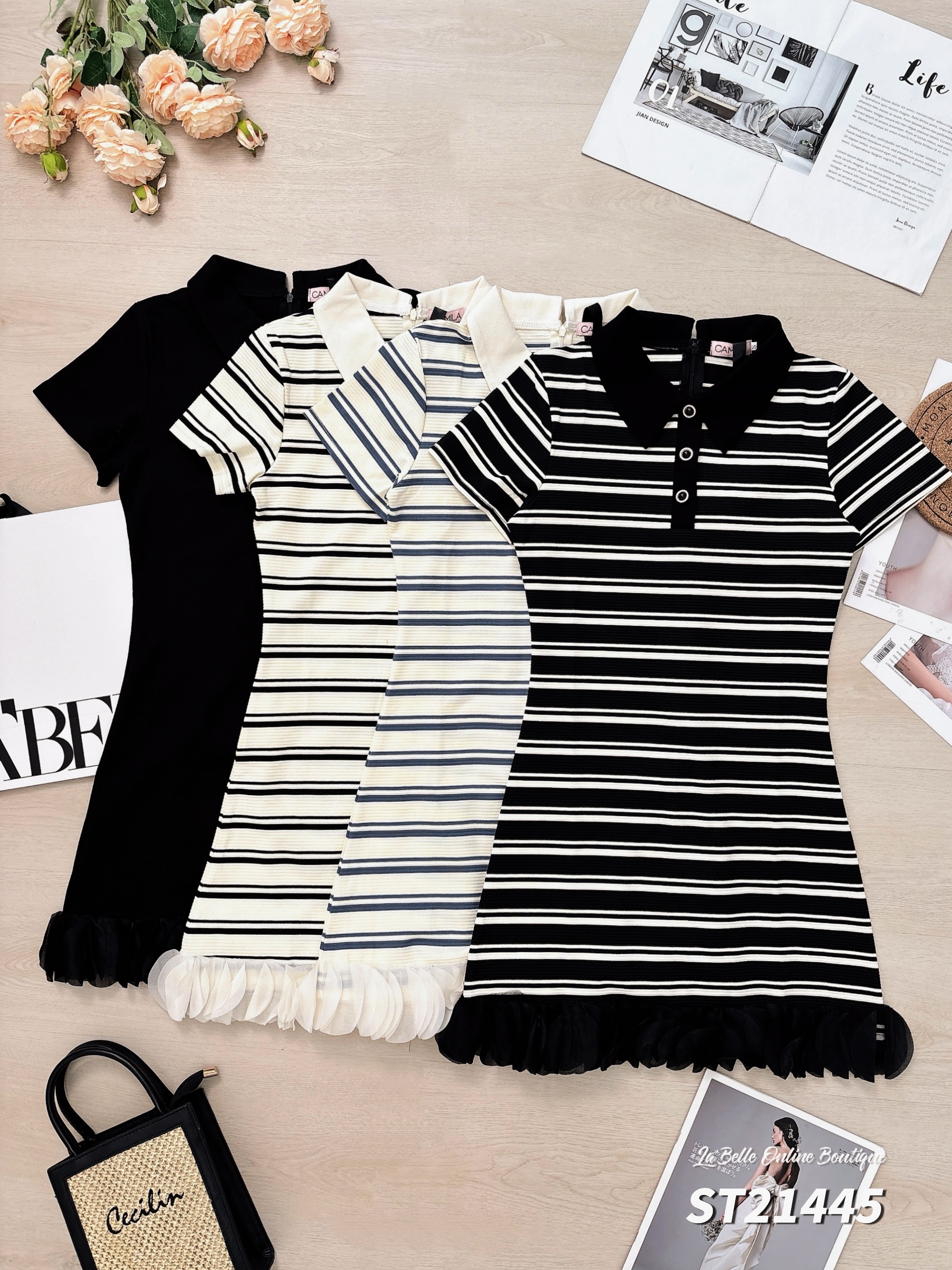   休闲风翻领条纹花瓣摆连身裙 (ST21445)