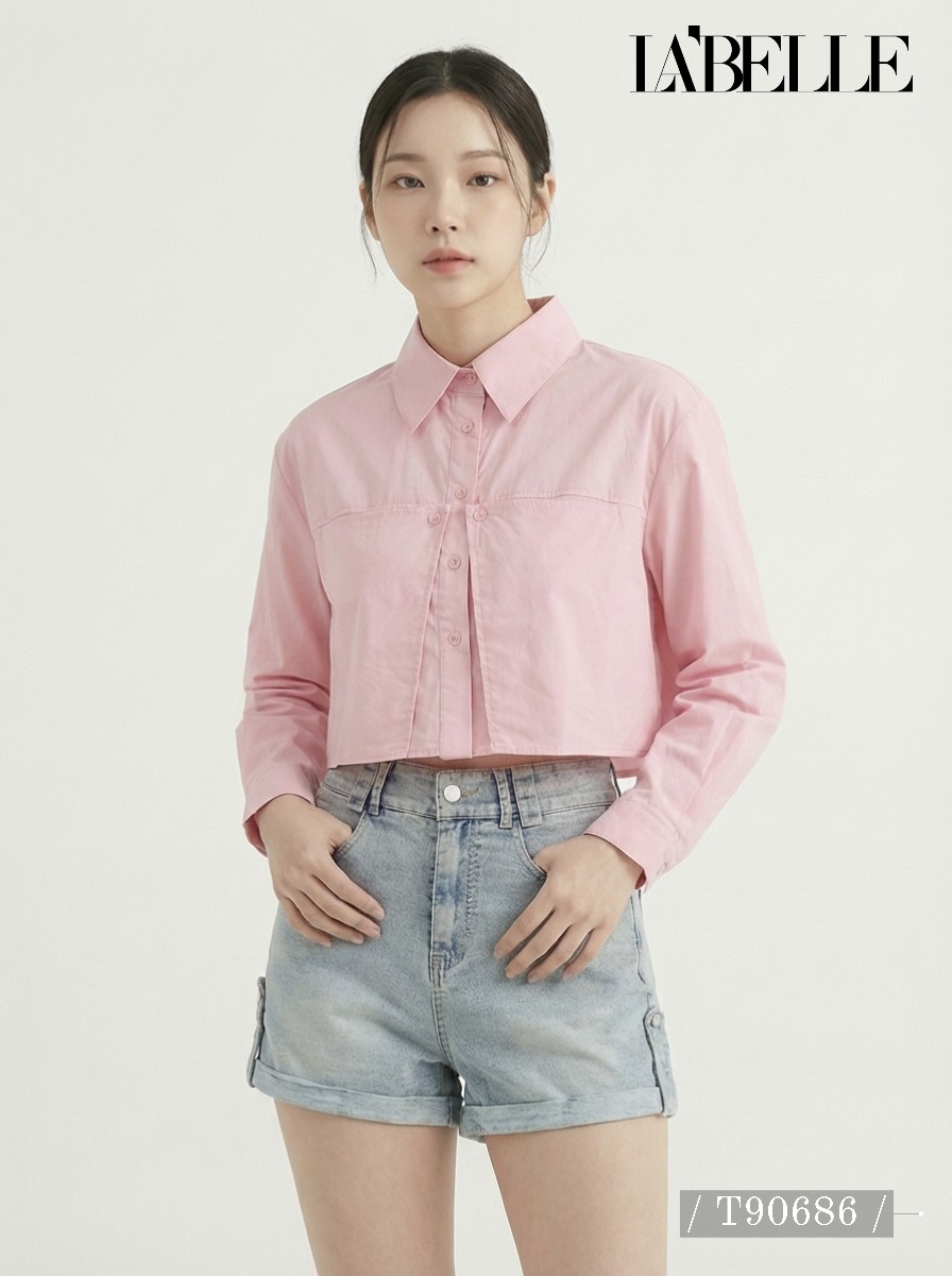 设计感翻领短款长袖衬衫 (T90686)