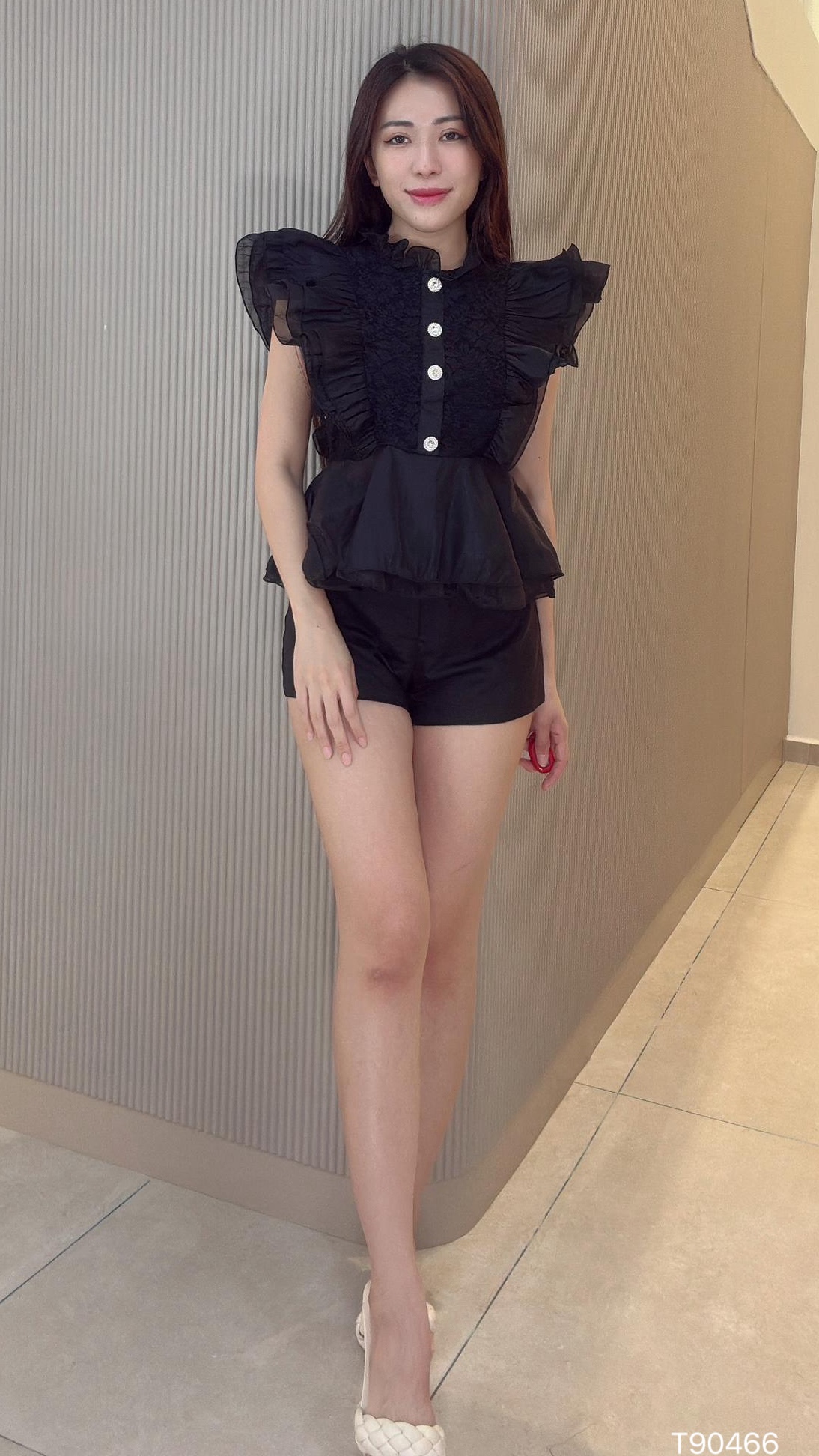 法式宫廷风荷叶边设计小飞袖上衣 (T90466)