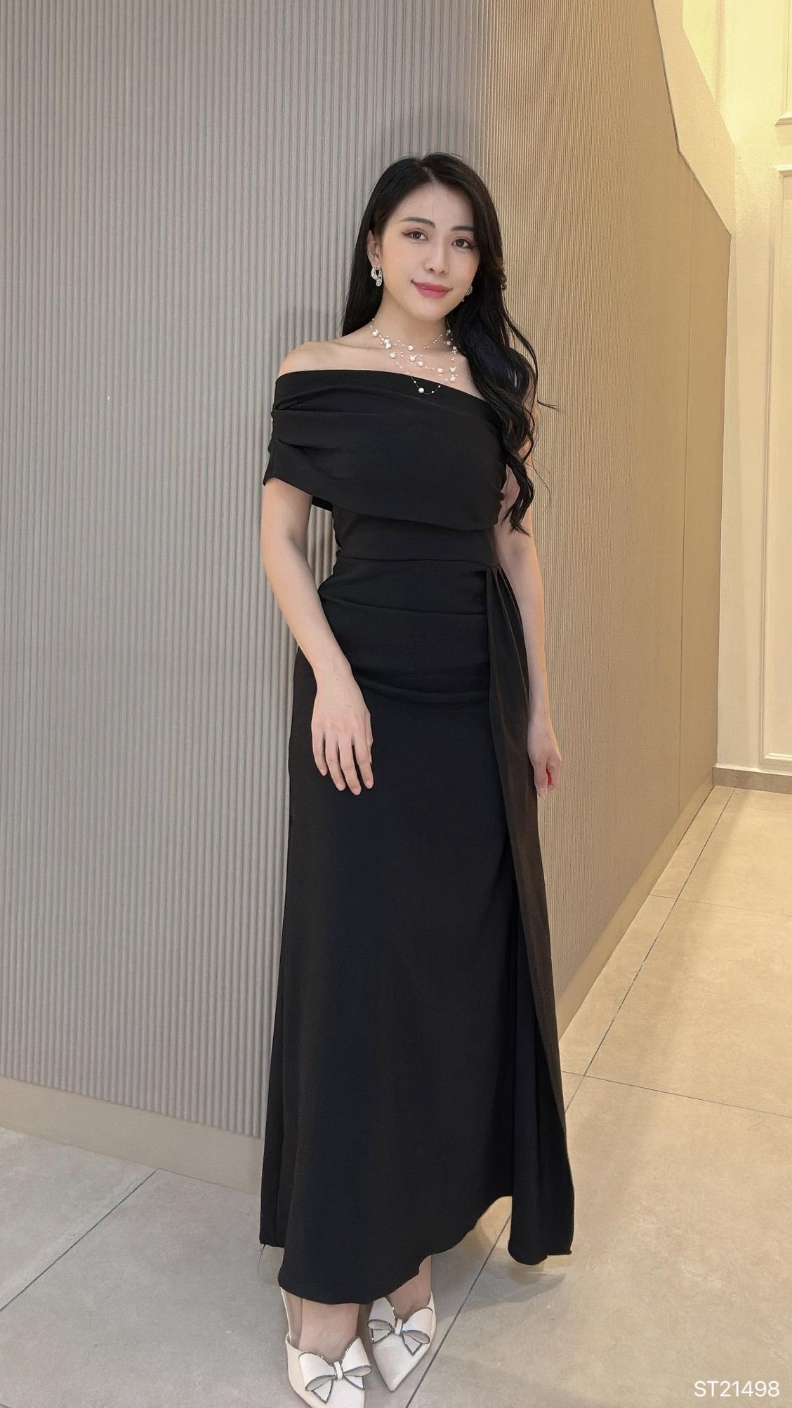 绝美一字斜肩压褶设计抹胸宴会连身裙 (ST21498)