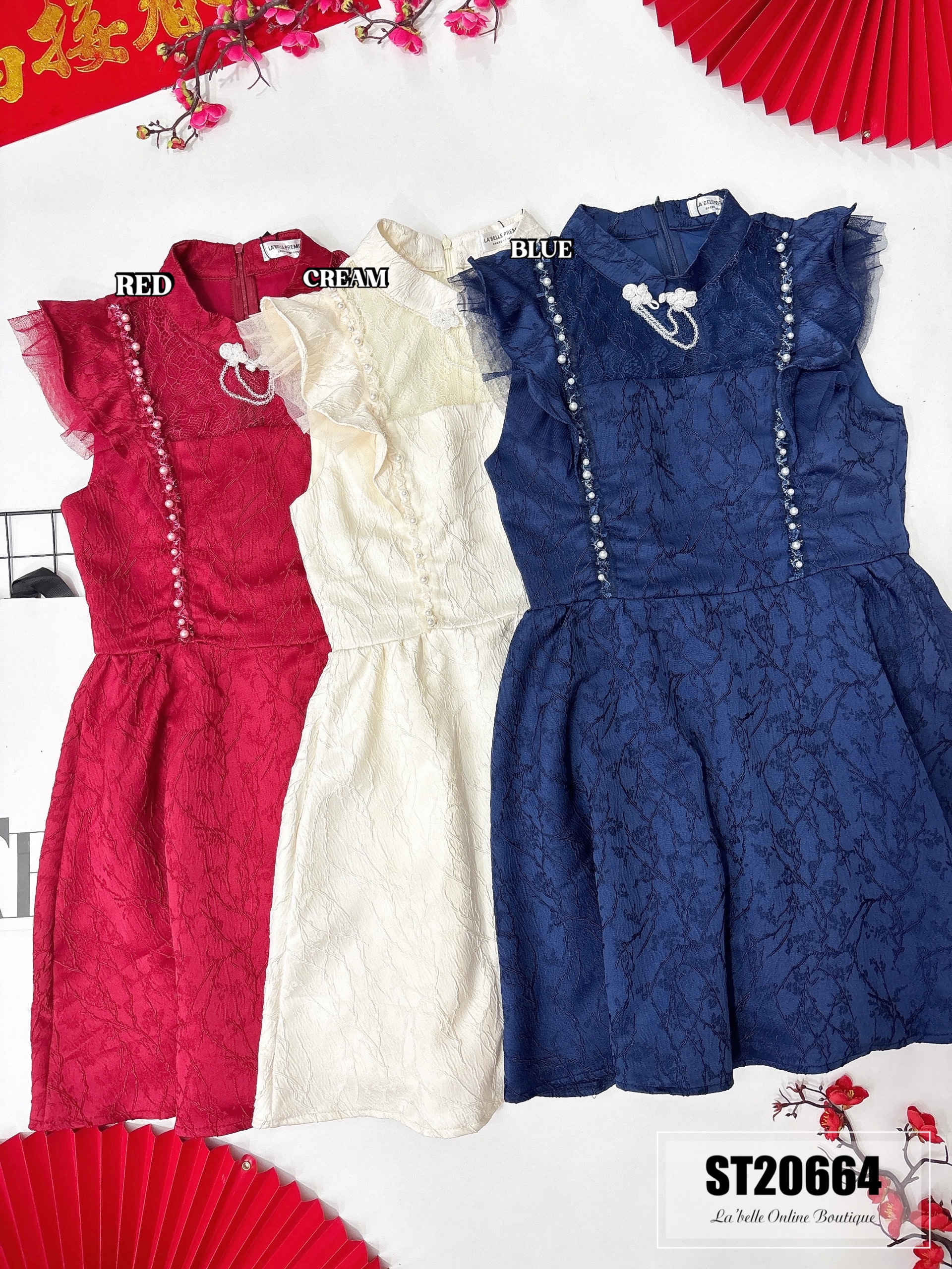 【LBP独家】法式珍珠拼接蕾丝设计改良版旗袍连身裙（ST20664）