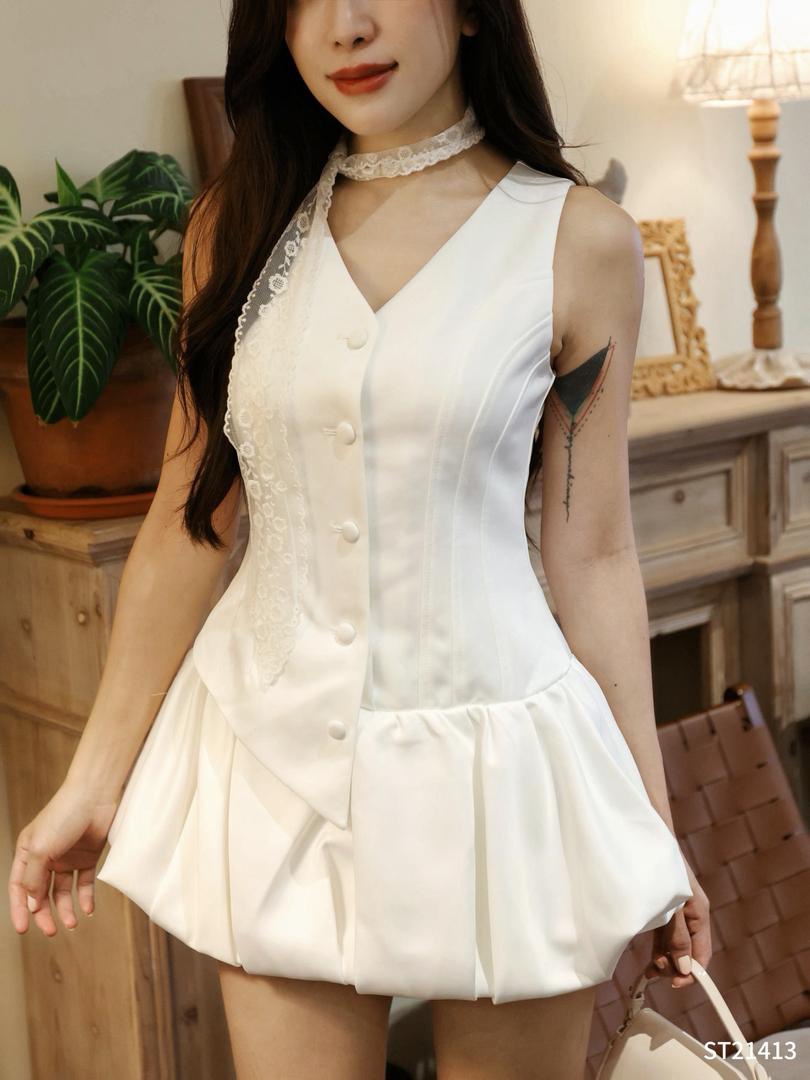 甜美花苞下摆设计V领宽带连身裤裙 (ST21413)