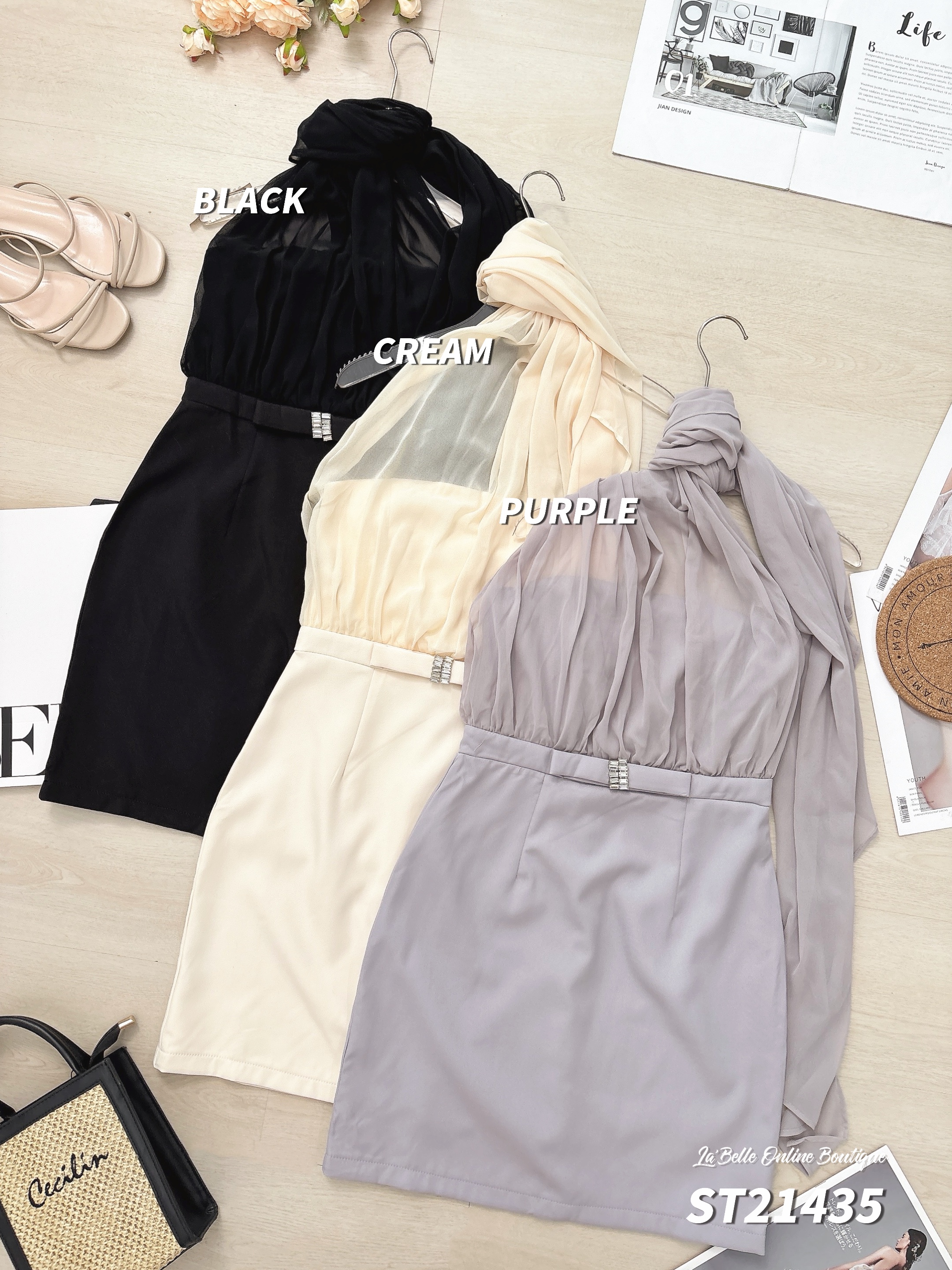 气质名媛风拼接设计挂脖连身裙 (ST21435)