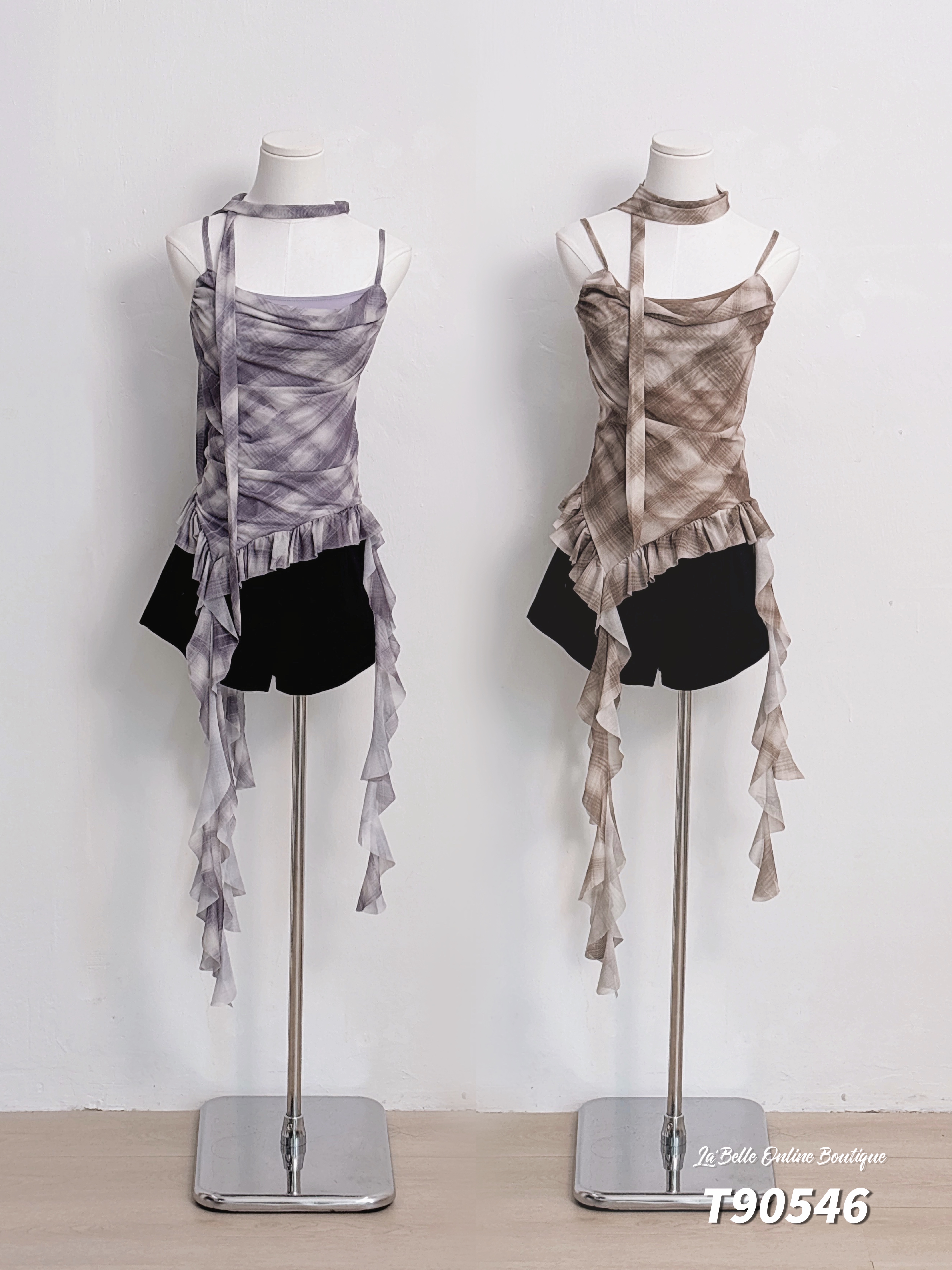 韩系不规则褶皱荷叶边设计吊带格子上衣 (T90546)