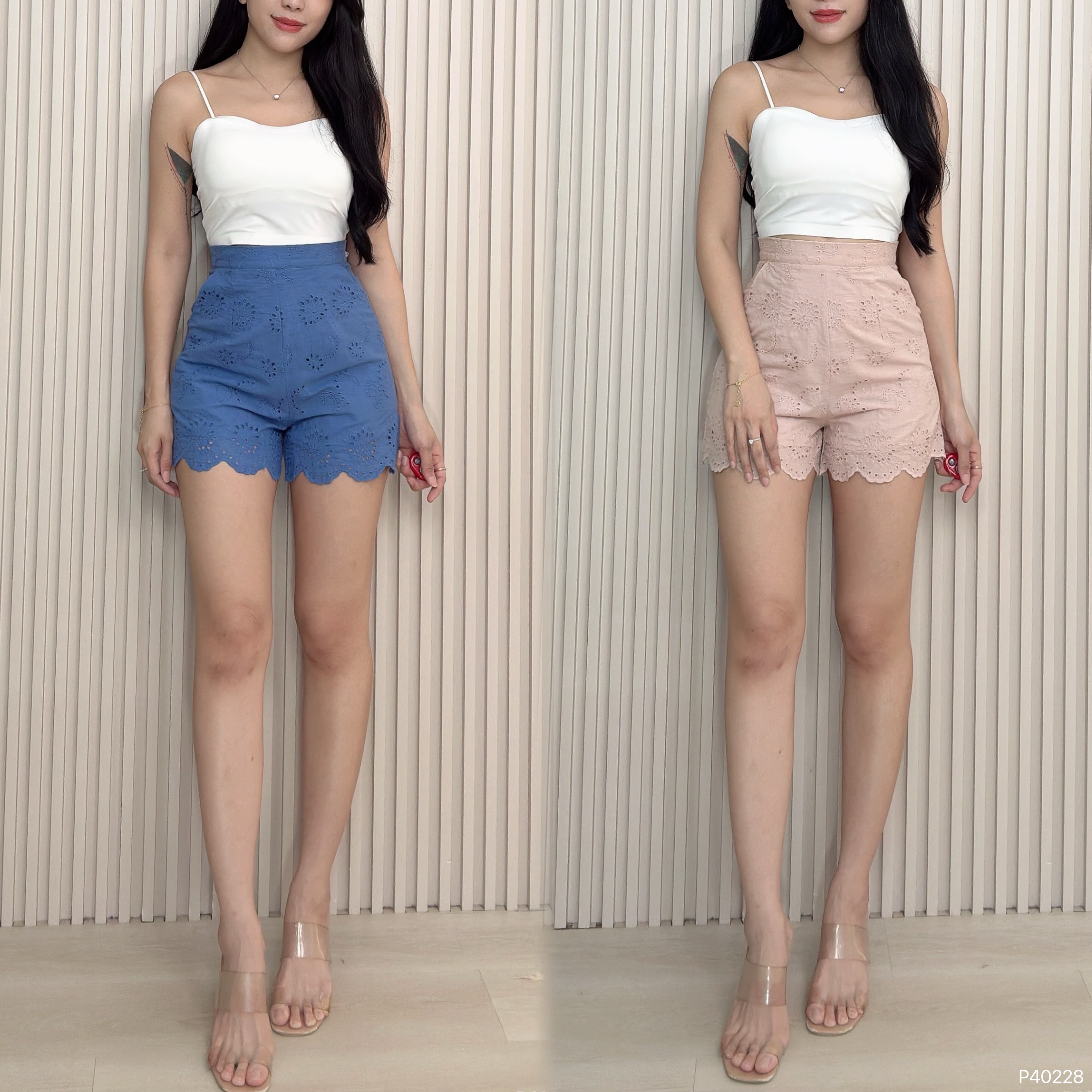 时尚镂空不规则下摆高腰短裤 (P40228)