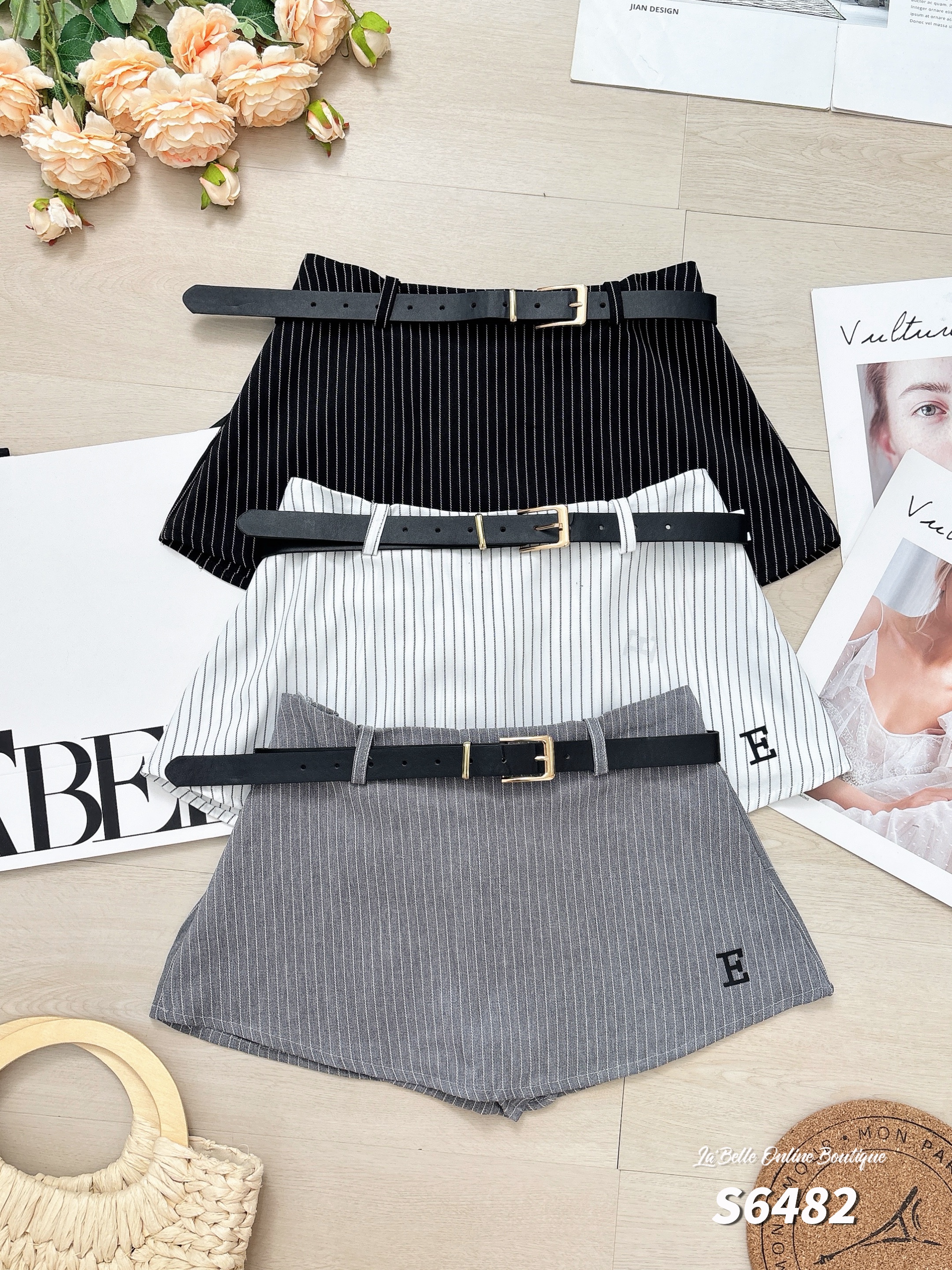 欧美风条纹设计短版高腰裤裙 (S6482)