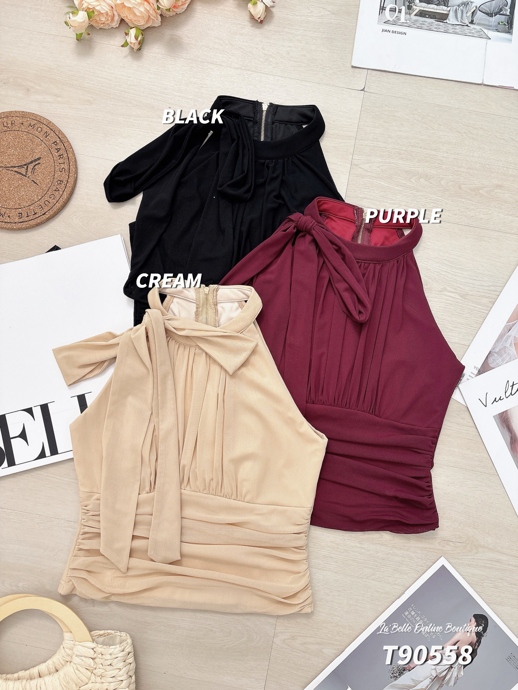 时尚Cut-In蝴蝶结褶皱设计上衣 (T90558)