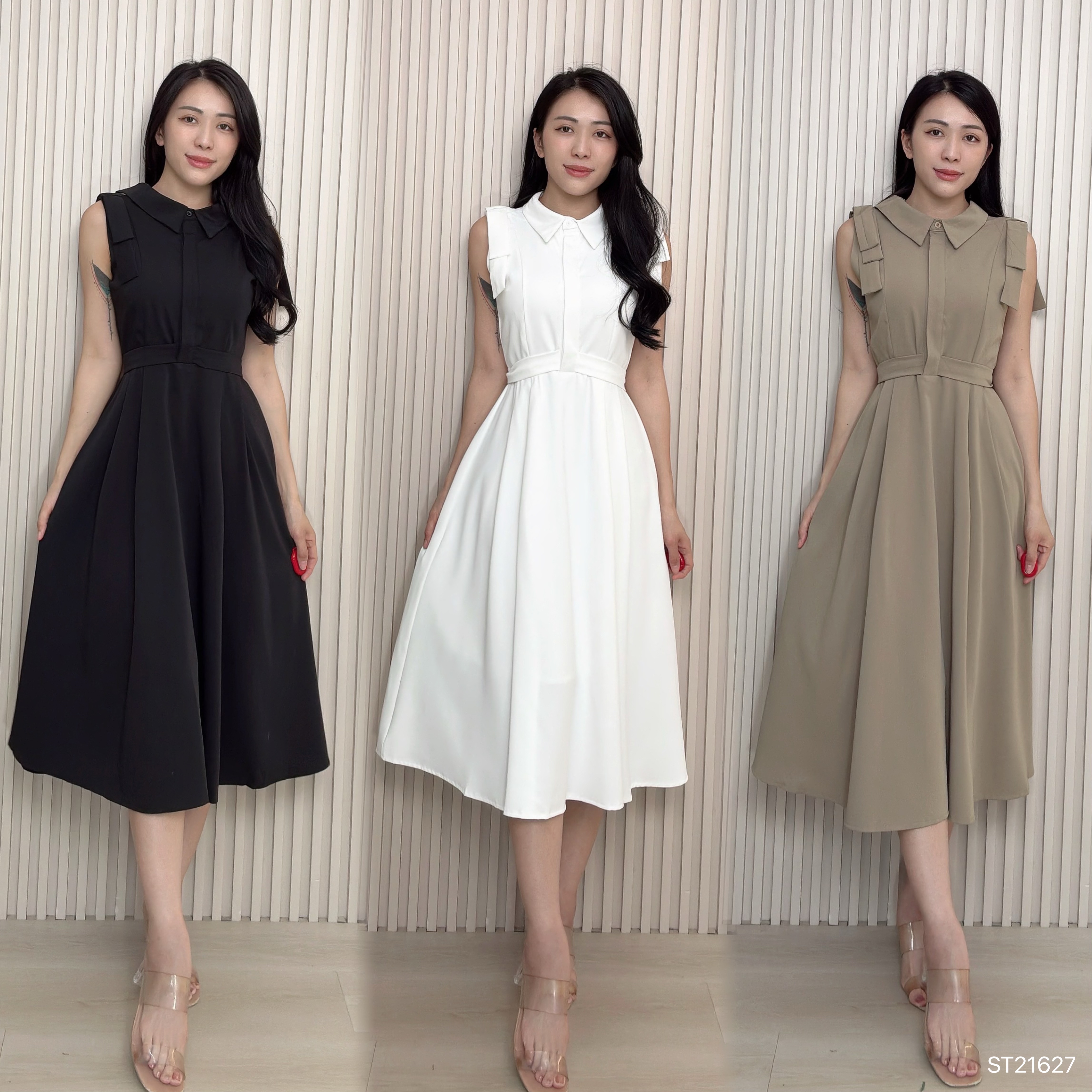 气质A字裙摆系带设计连身裙 (ST21627)