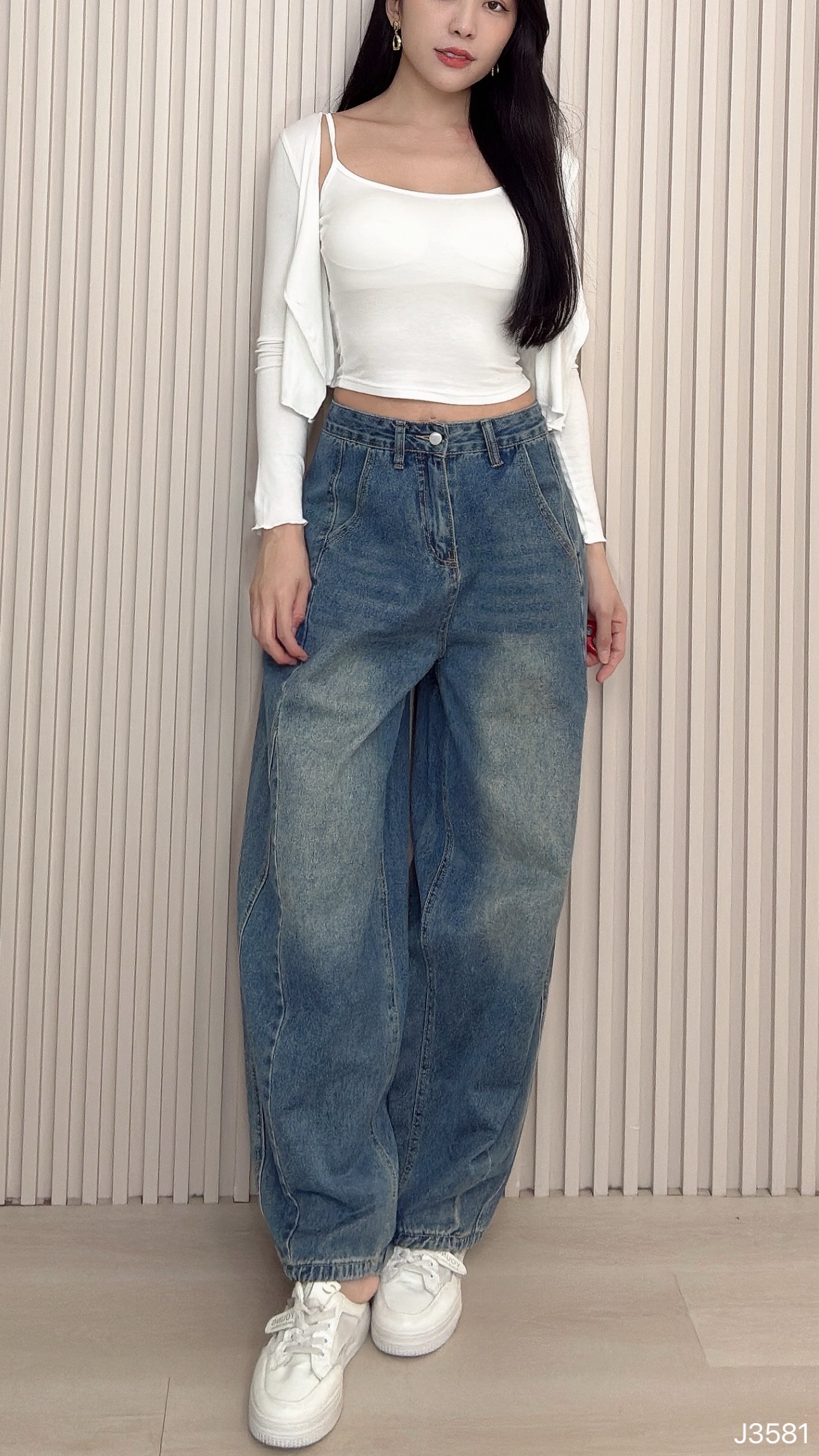 休闲弯刀设计阔腿高腰长裤 (J3581)