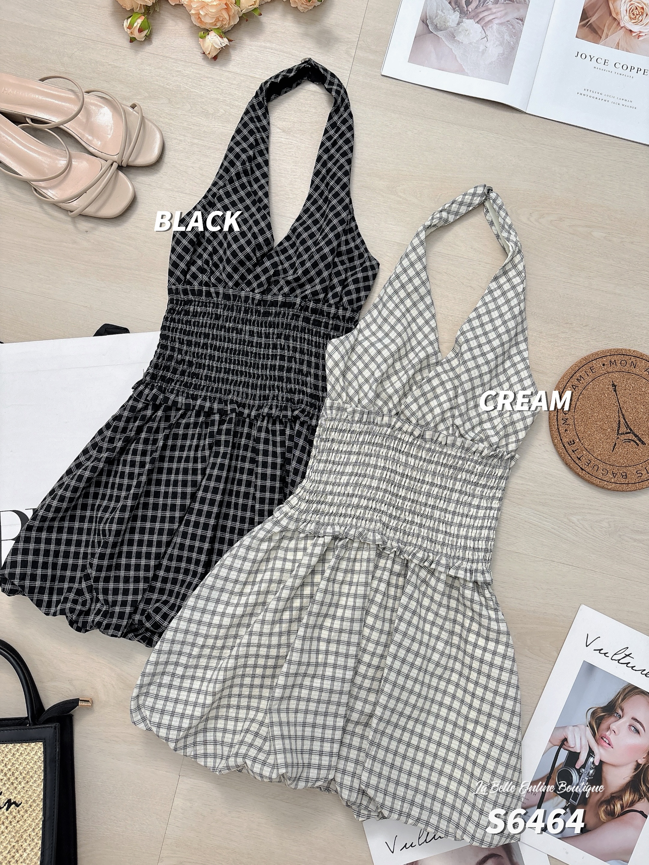 法式格子花苞挂脖V领连身裙 (S6464)