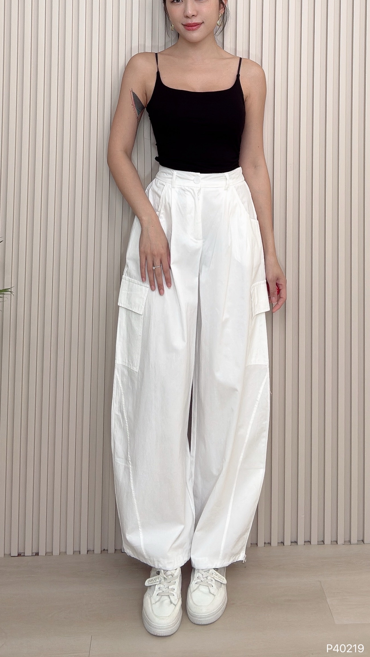 酷帅工装抽绳设计阔腿高腰长裤 (P40219)