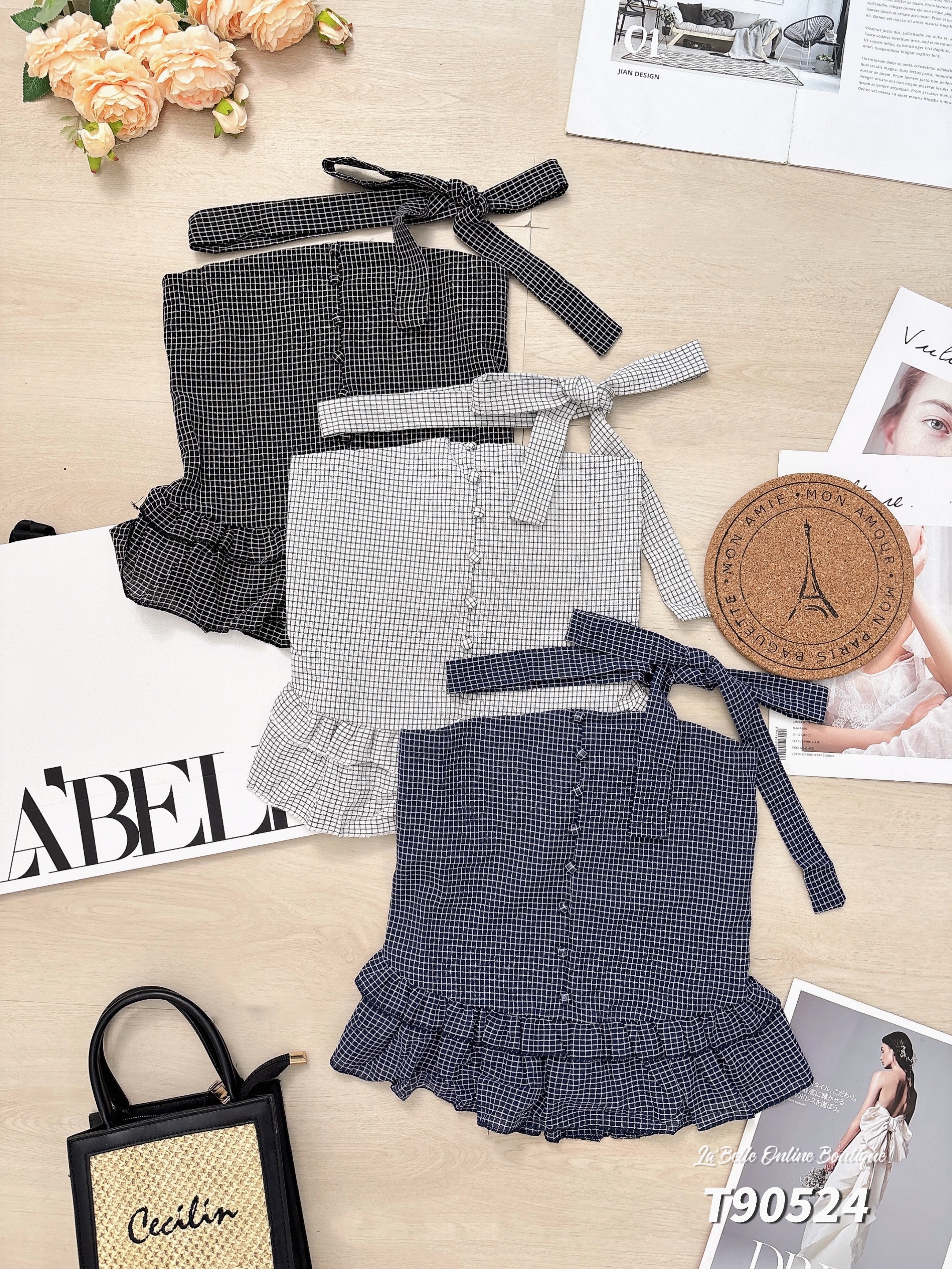 韩系荷叶边格子设计抹胸上衣 (T90524)