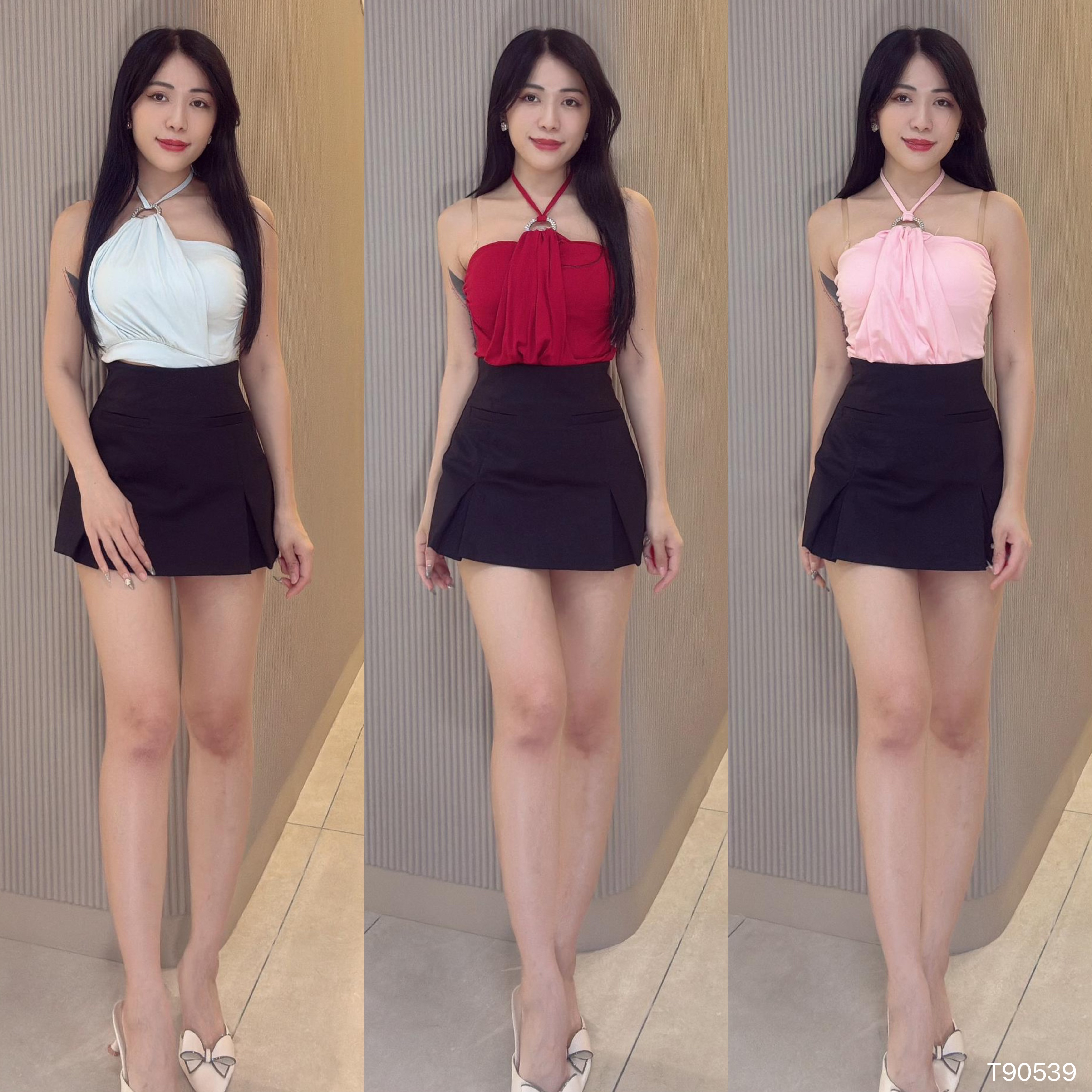 性感修身褶皱设计抹胸挂脖上衣 (T90539)