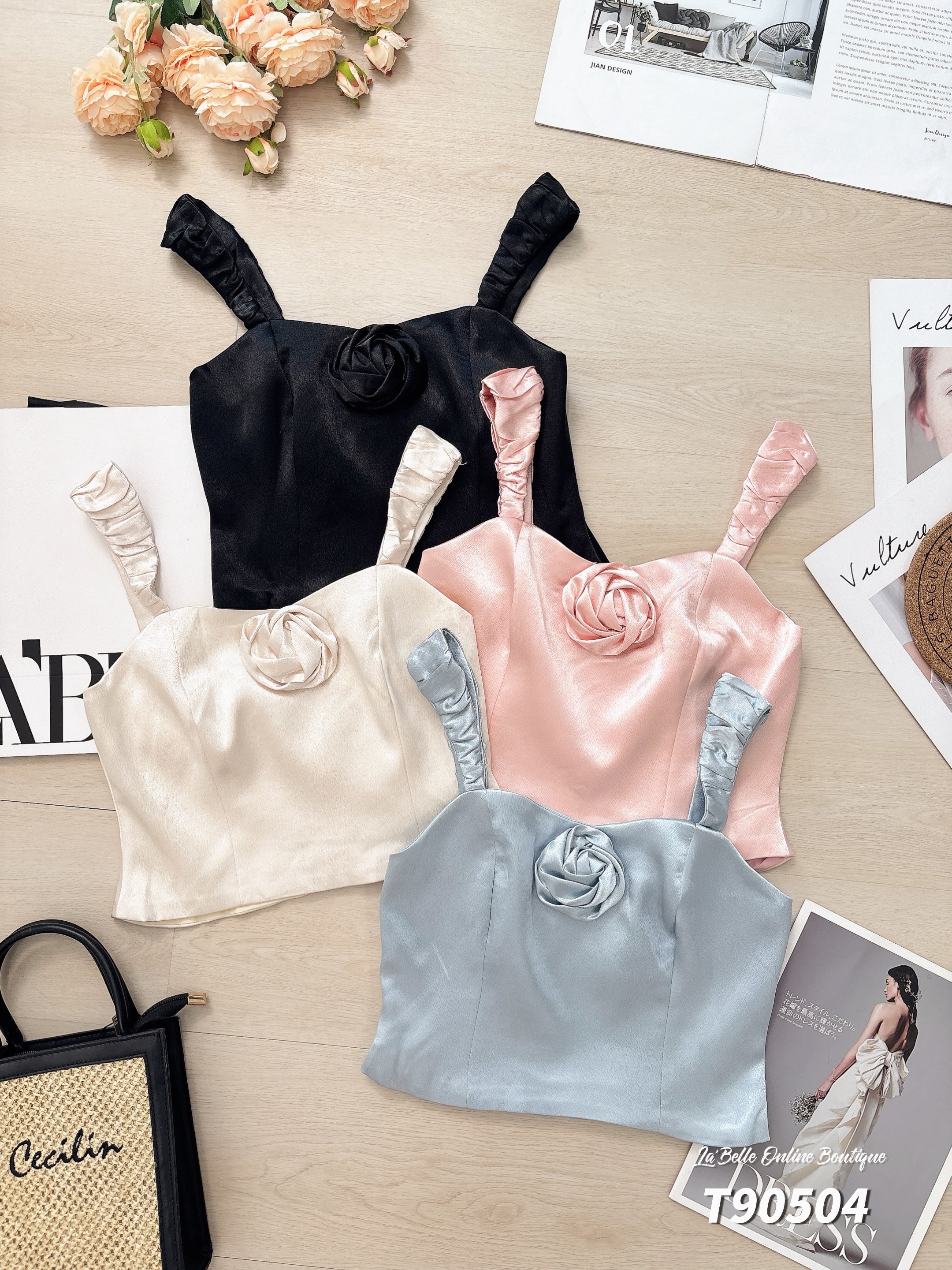 气质立体玫瑰花设计吊带上衣 (T90504)