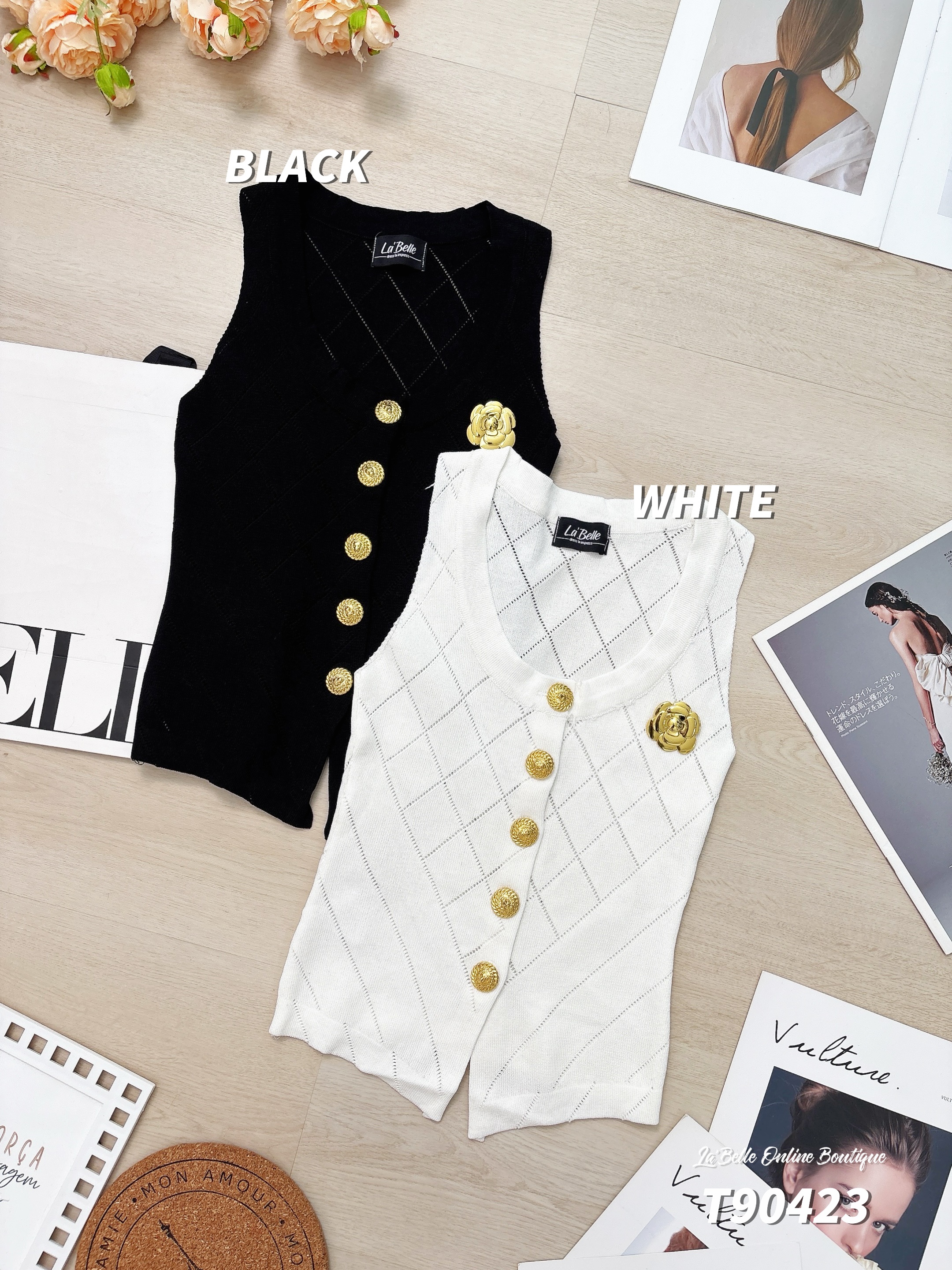 小香风立体花朵大U领设计无袖上衣 (T90423)