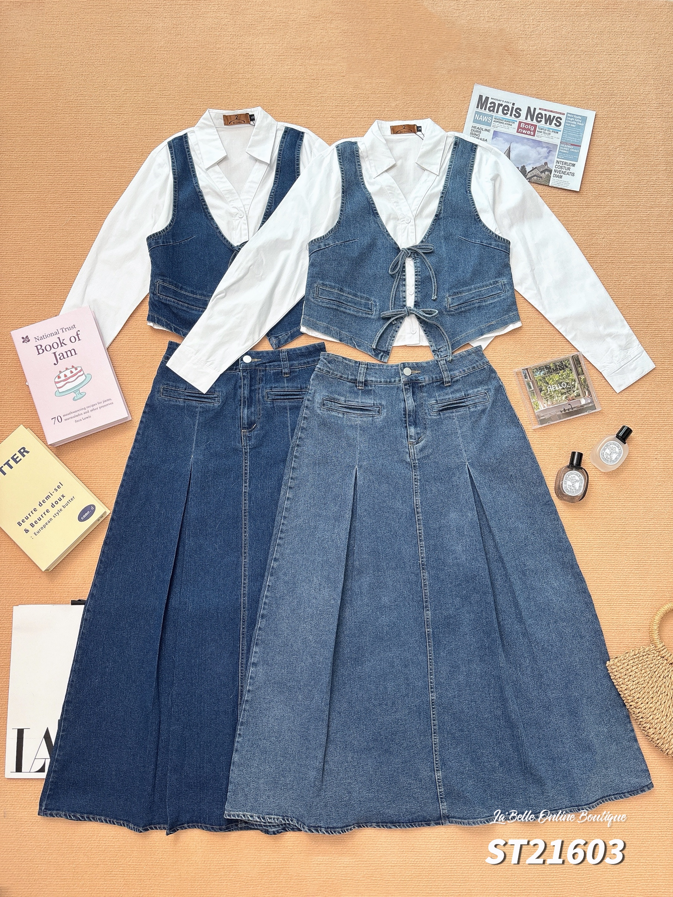 复古酷风牛仔两件套 (ST21603)