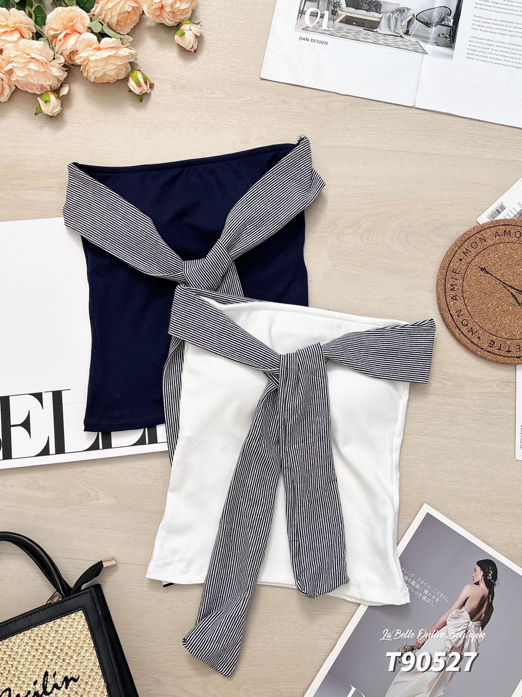 百搭撞色设计条纹飘带抹胸上衣 (T90527)