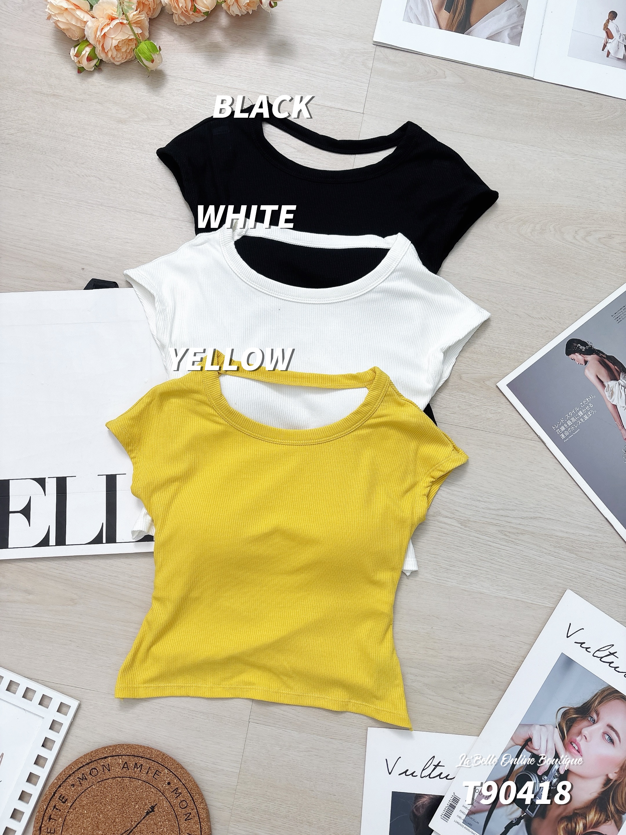 小心机背面镂空交叠下摆设计圆领上衣 (T90418)