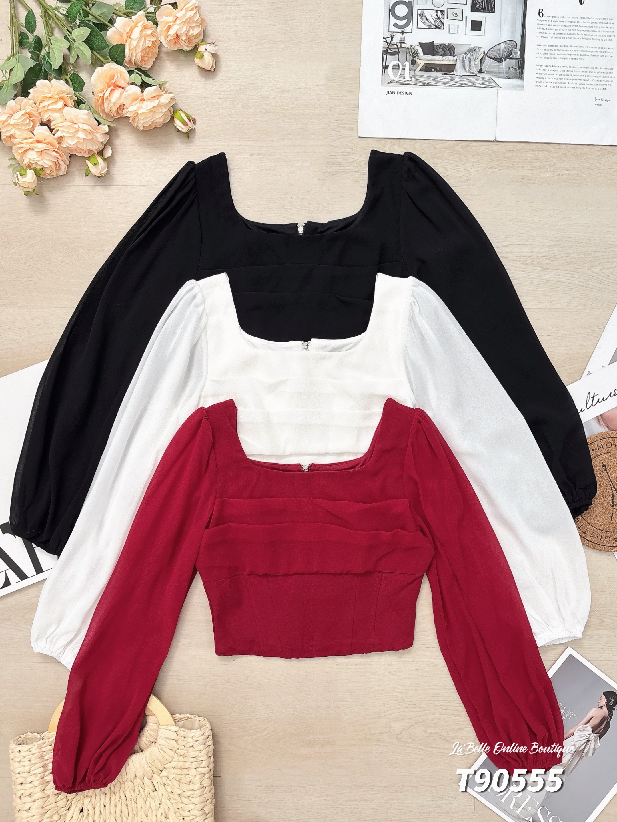 法式甜美方领短版长袖上衣 (T90555)