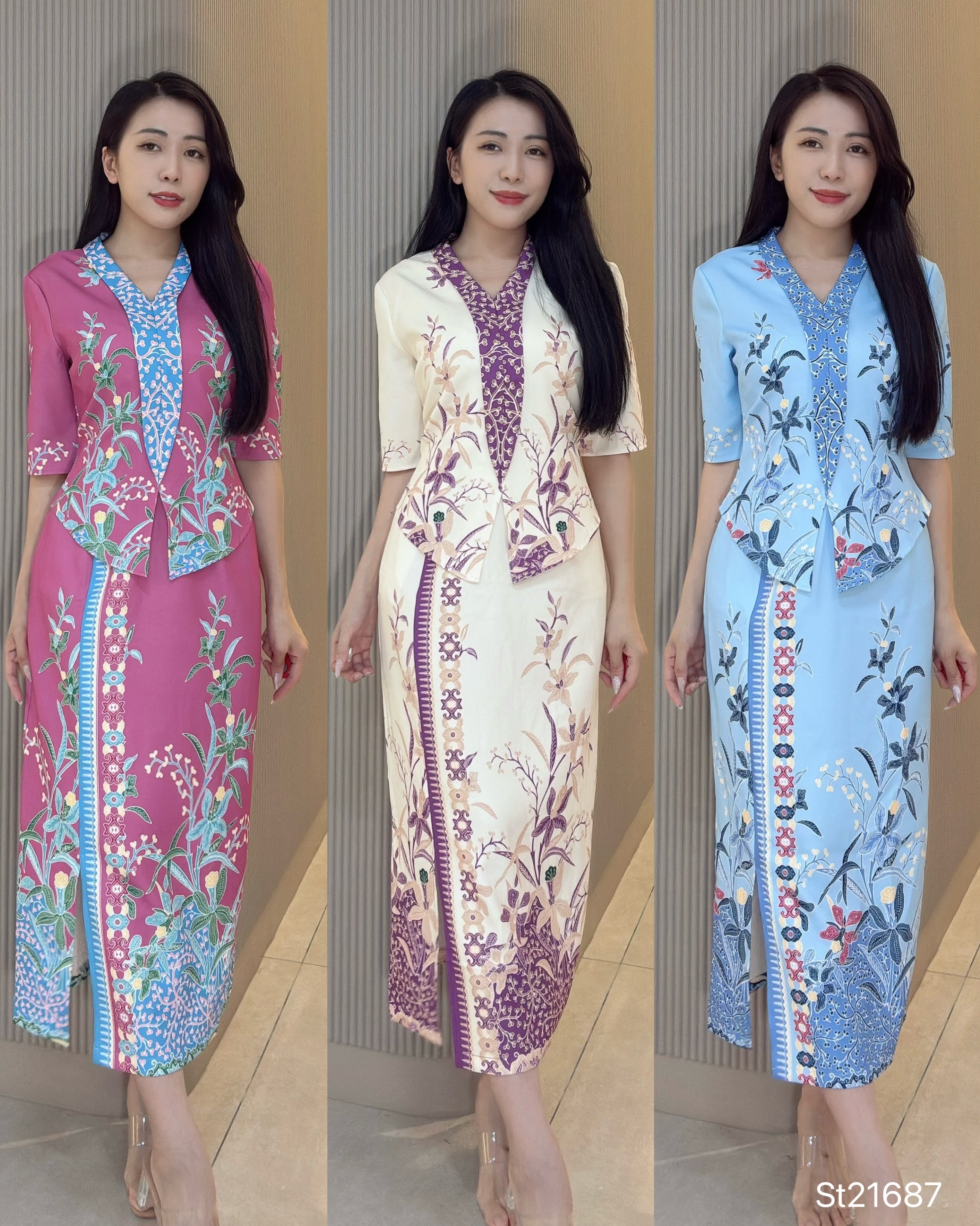 现代娘惹V领交叠印花设计连身裙 (ST21687)