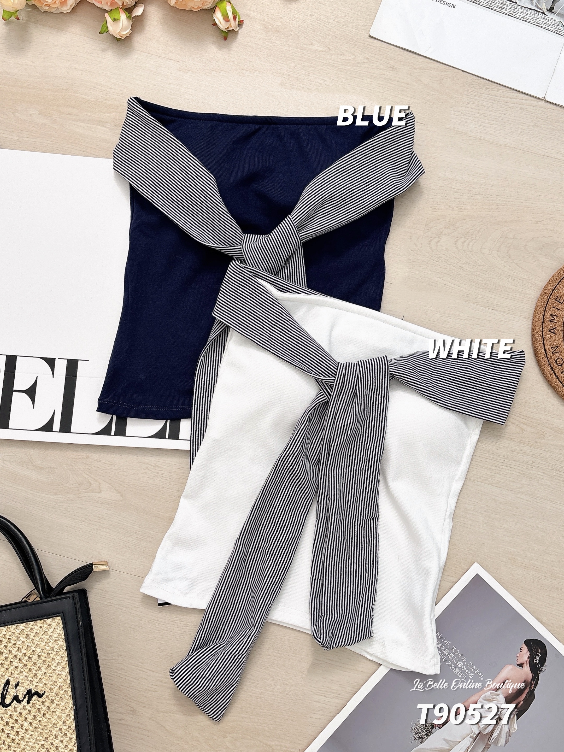 百搭撞色设计条纹飘带抹胸上衣 (T90527)