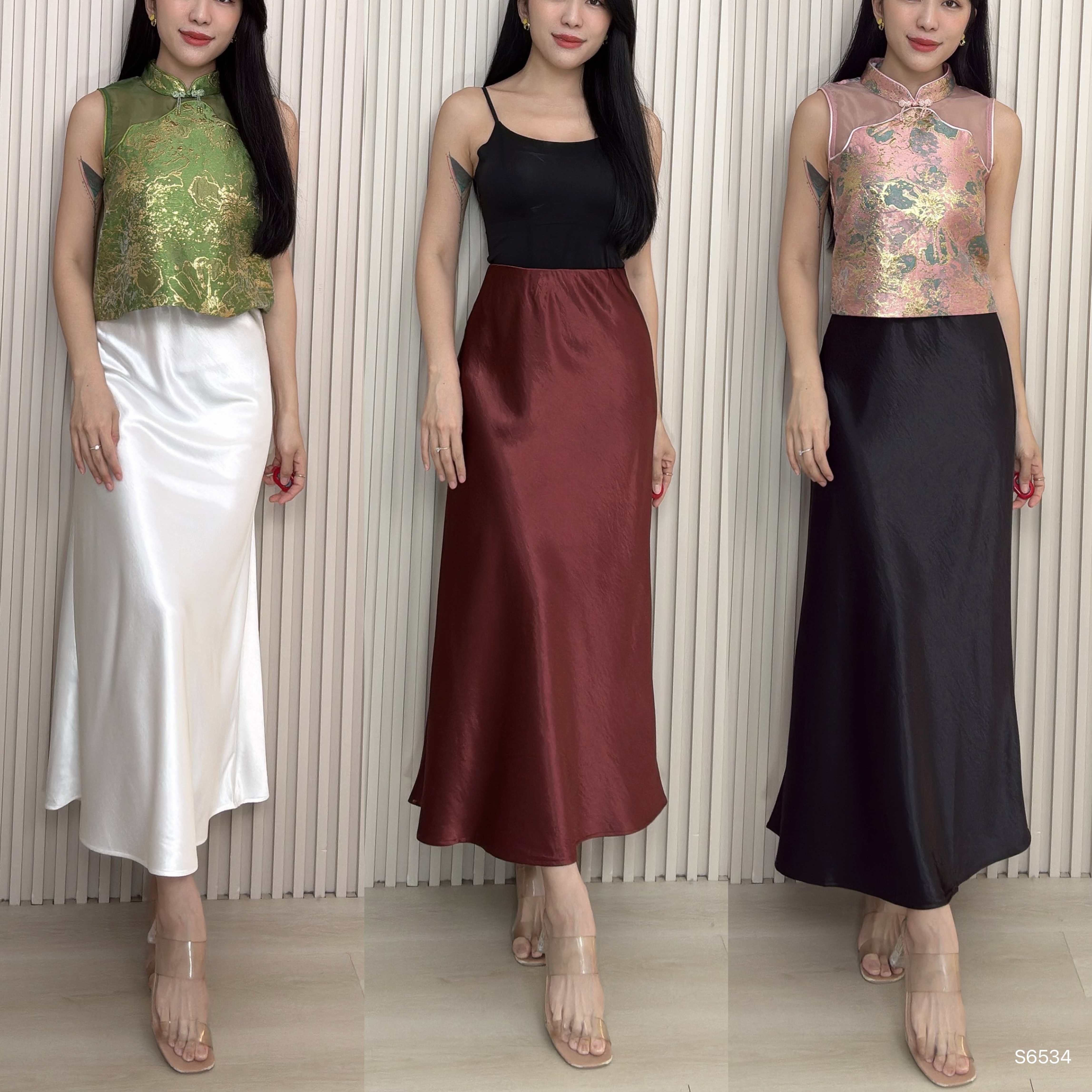 高级光泽感缎面鱼尾设计高腰半身裙 (S6534)