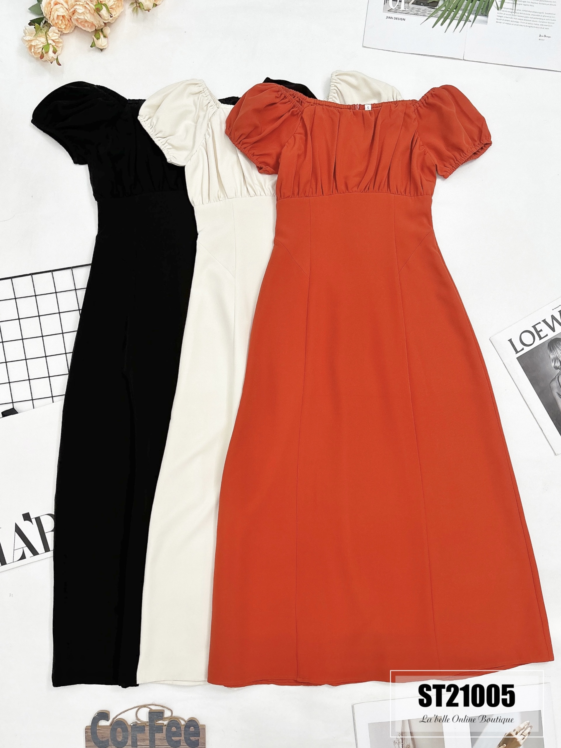 绝美方领泡泡袖连身裙 (ST21005)