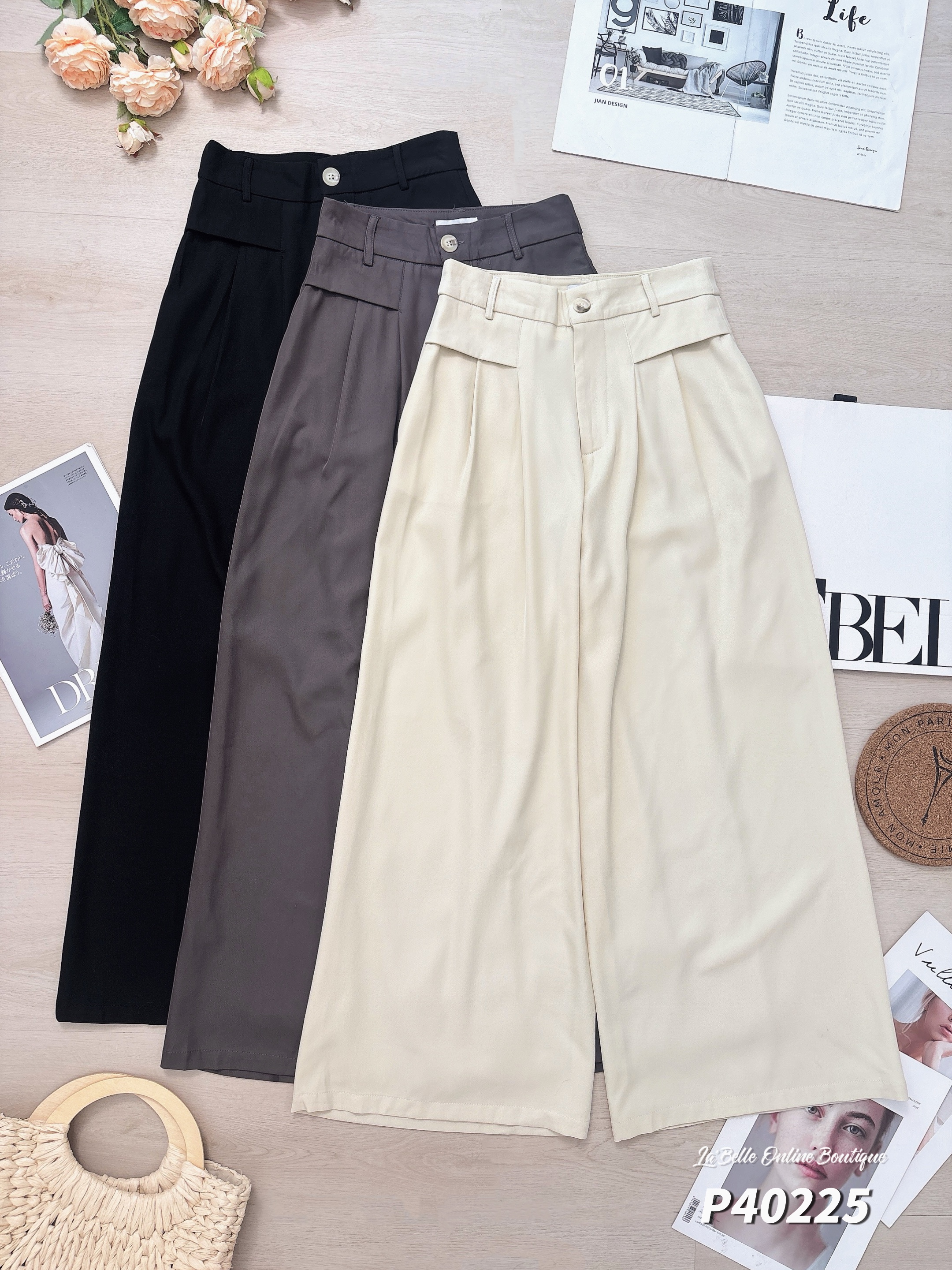 OL风压褶设计阔腿高腰长裤 (P40225)