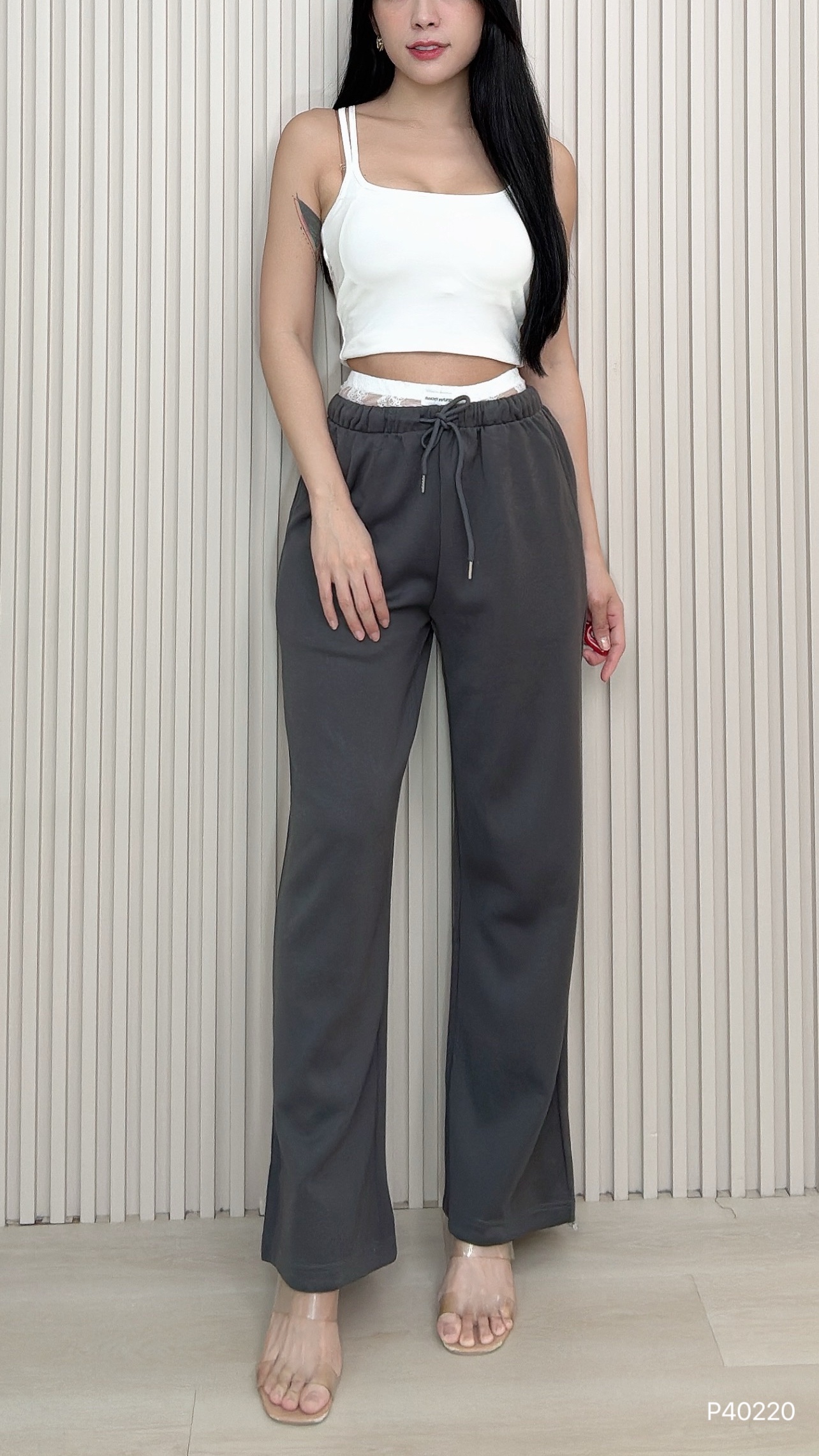 时尚蕾丝拼接抽绳设计高腰长裤 (P40220)